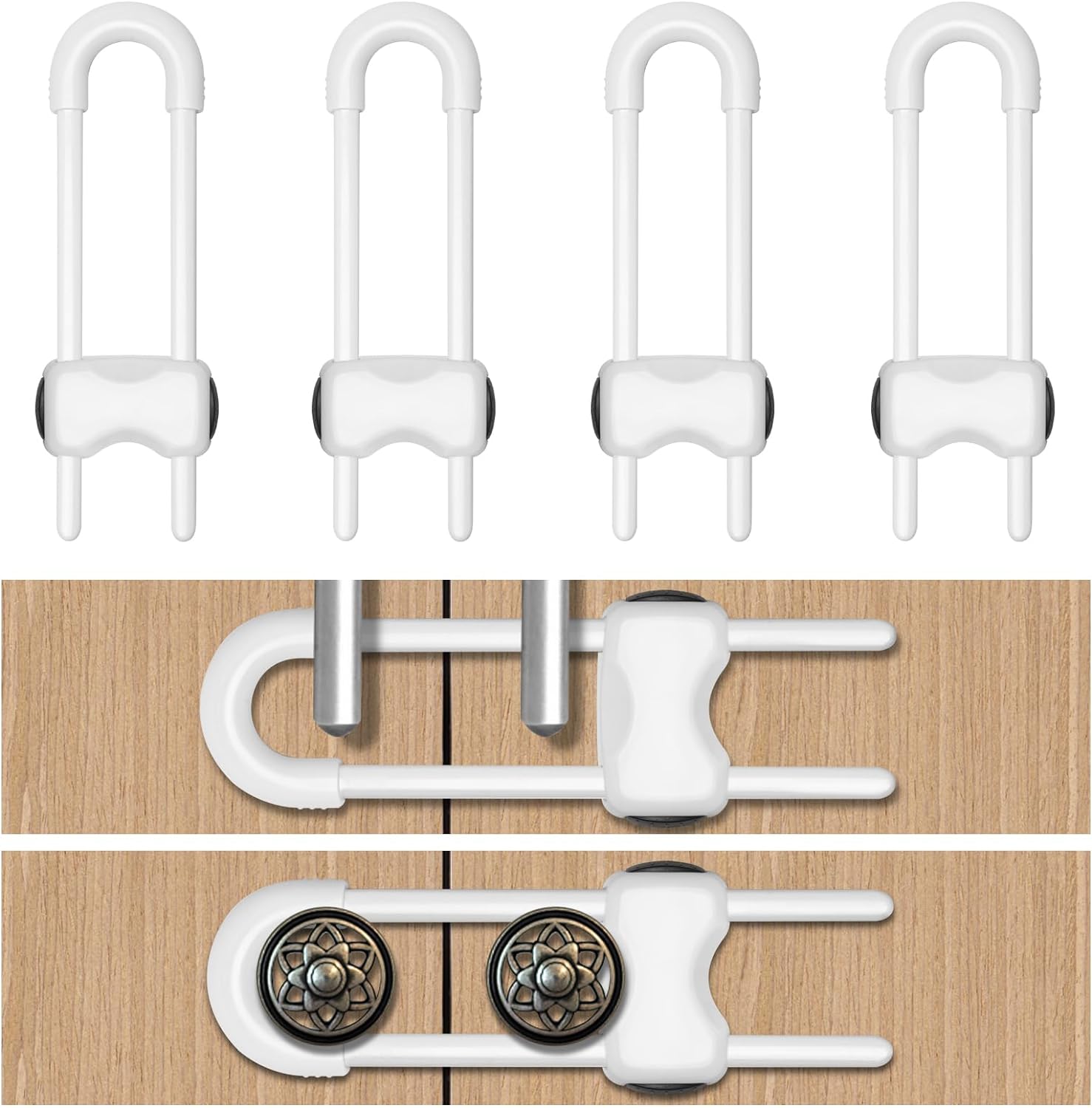 LLOOC GS-004 Child-Proof Cabinet Locks, 4-Pack, White, Tool-Free U-Shaped