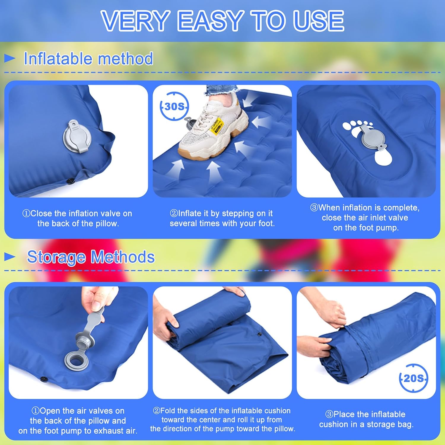 Detalle de BIAOQINBO Verbessertes Outdoor-Luftmatratze Blau – 13 cm Dicke, integriertes Kissen, Fußpumpe, 260 kg Belastbarkeit