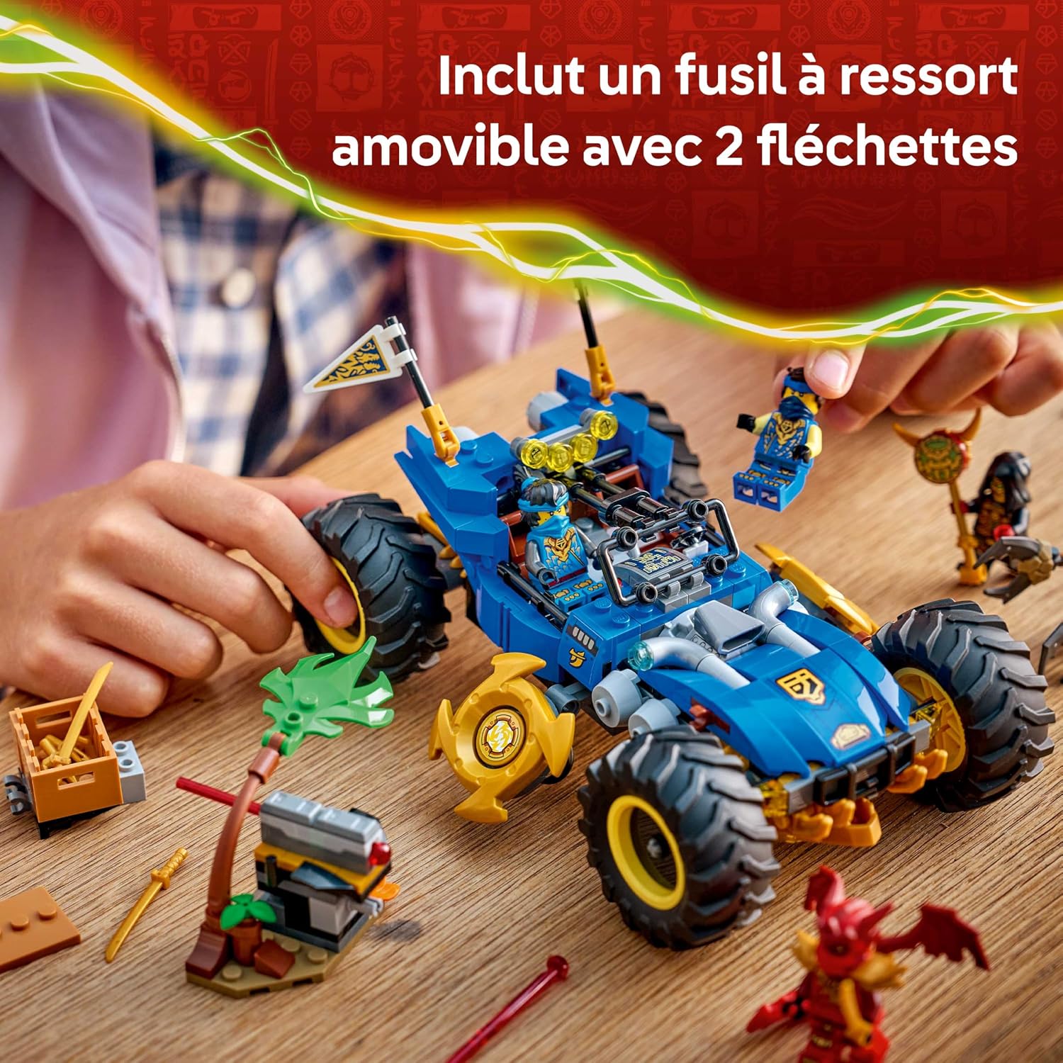Detalle de LEGO Ninjago 2-en-1 La Voiture Transformable de Jay (71856) — Camion Ninja avec 5 Minifigurines dont Jay, Nya et Dragon Kai
