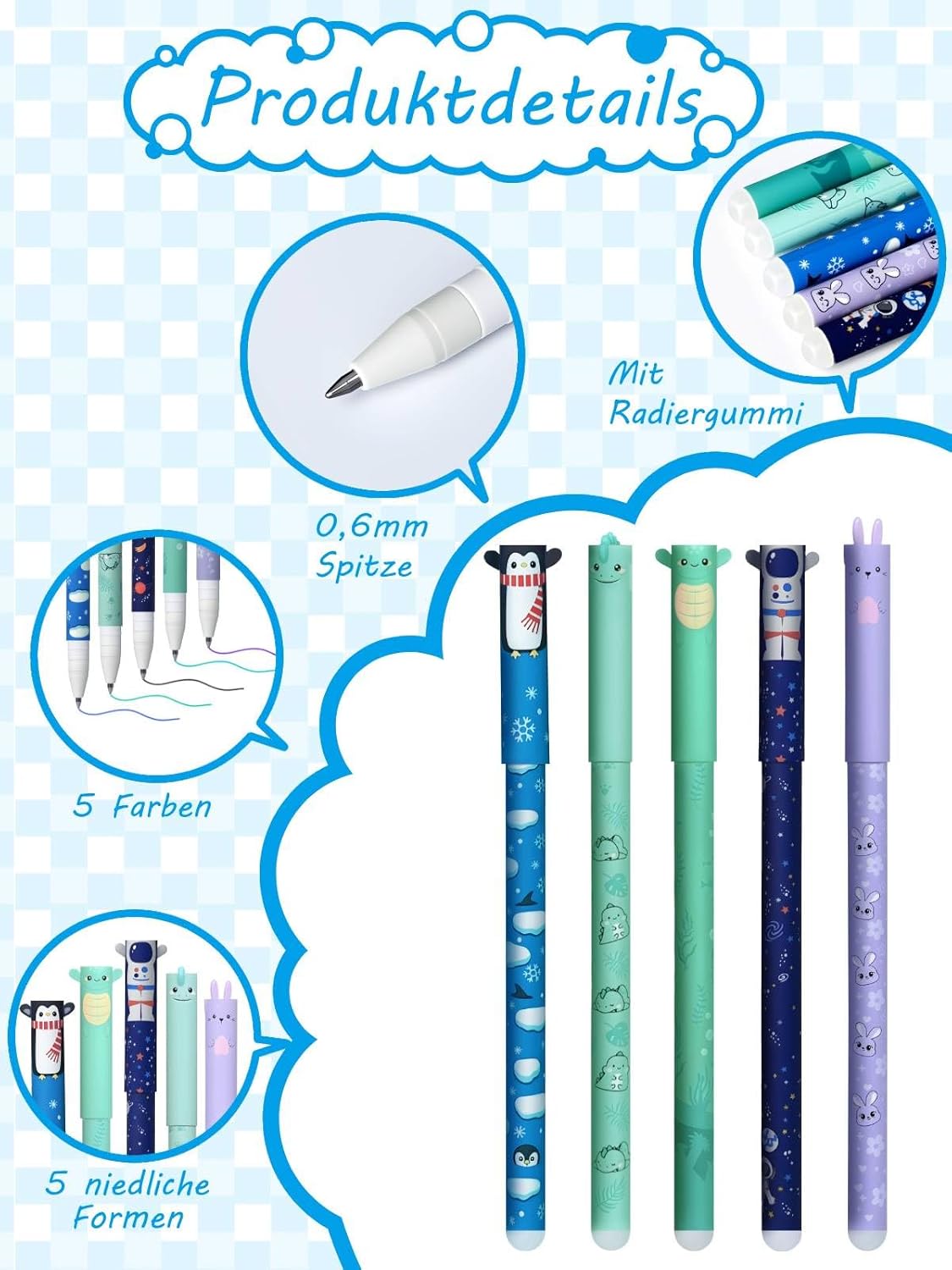 Thumbnail 2 de GutSache : lot de 5 stylos gel effaçables à encre sensible à la chaleur (pointe 0,7 mm) motifs pingouin, lapin, dinosaure, tortue & astronaute