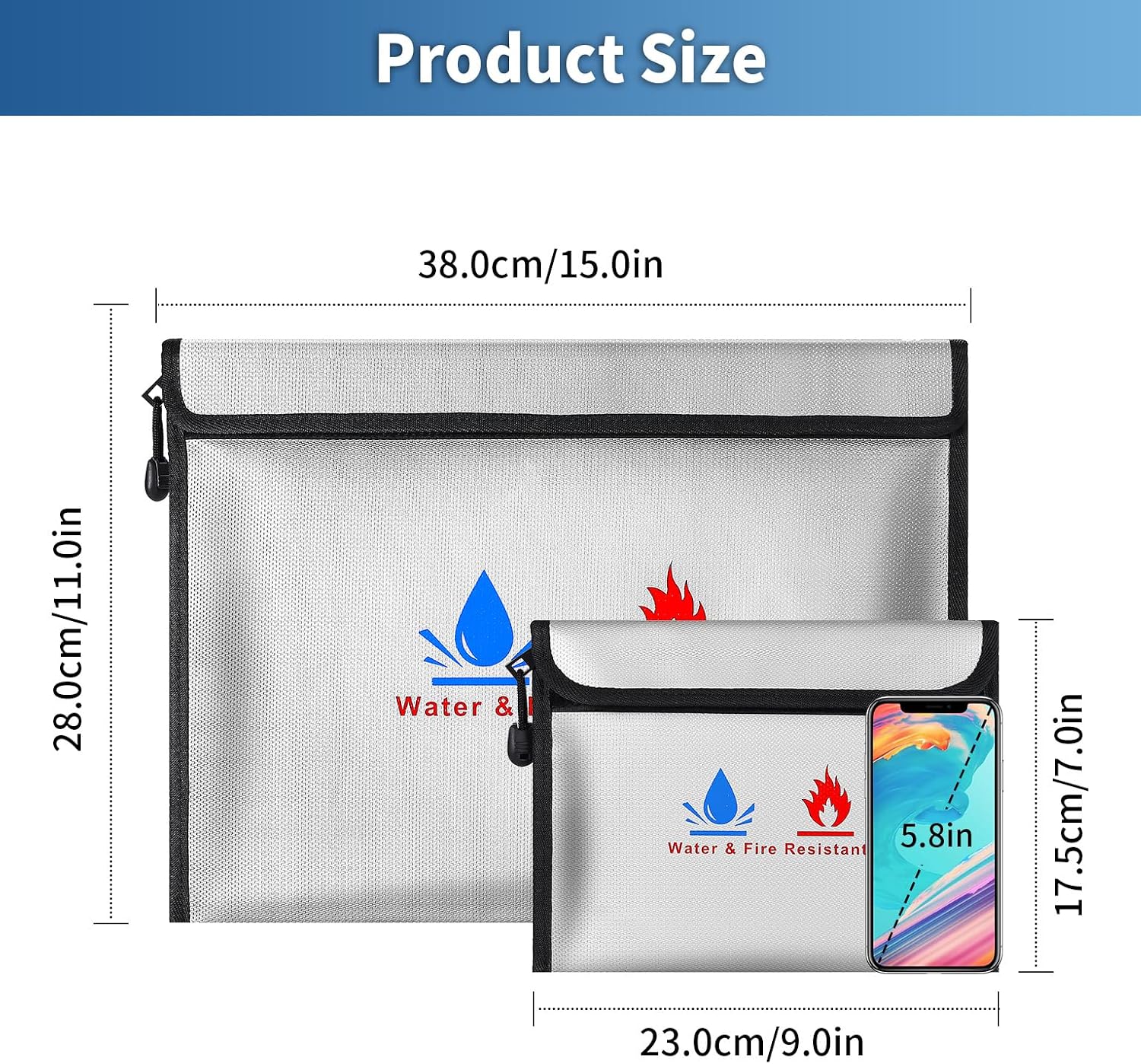 Detalle 2 de Fireproof Document Bag 15x11 & 9x7 Inches Set – Fireproof & Water-Resistant Safe Storage for Money, Documents and Essentials