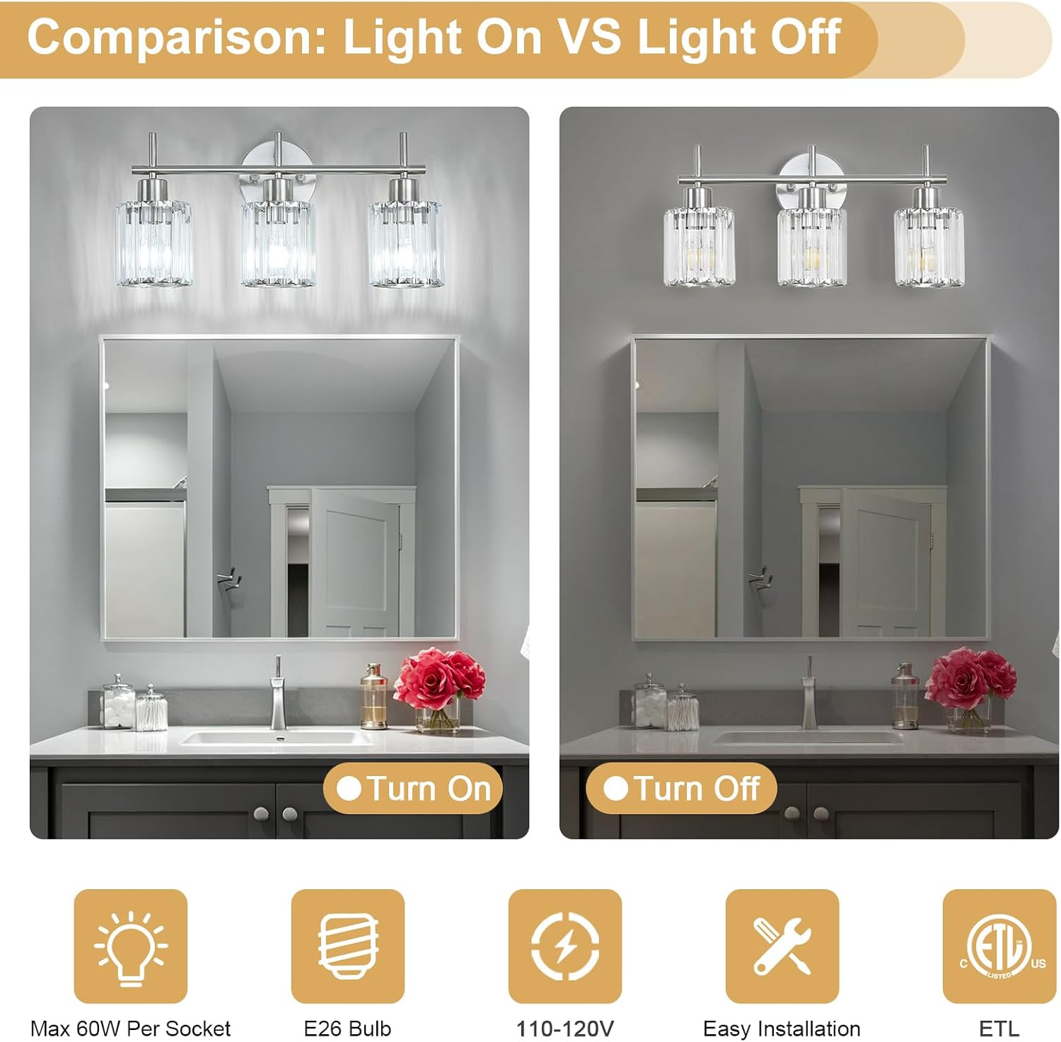Thumbnail 6 de Dvnctz DC20260411AA 3-Light Vanity Light, Brushed Nickel with Crystal Shades