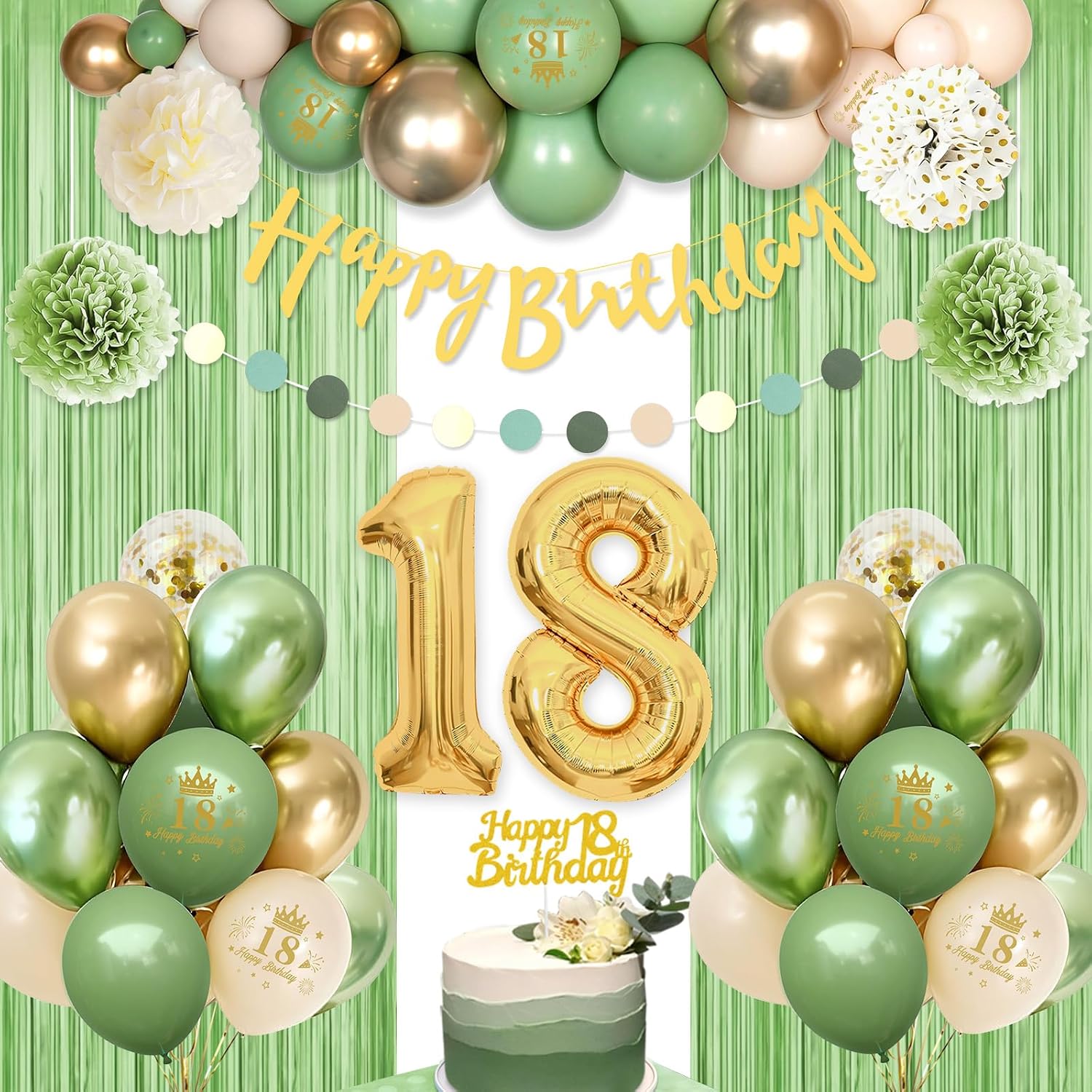 Detalle de 18 Geburtstag Deko Grün Gold Set – Luftballons, Banner, Pompons und Lametta-Vorhänge