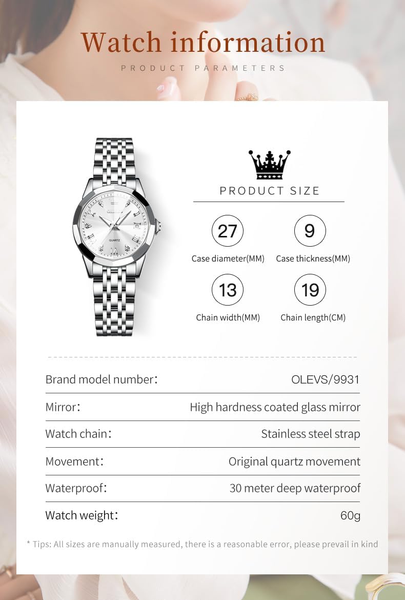 Detalle 2 de OLEVS Montre FemmeAnalogique Quartz — Acier Inoxydable, Étanche 30 m, Diamant Chic
