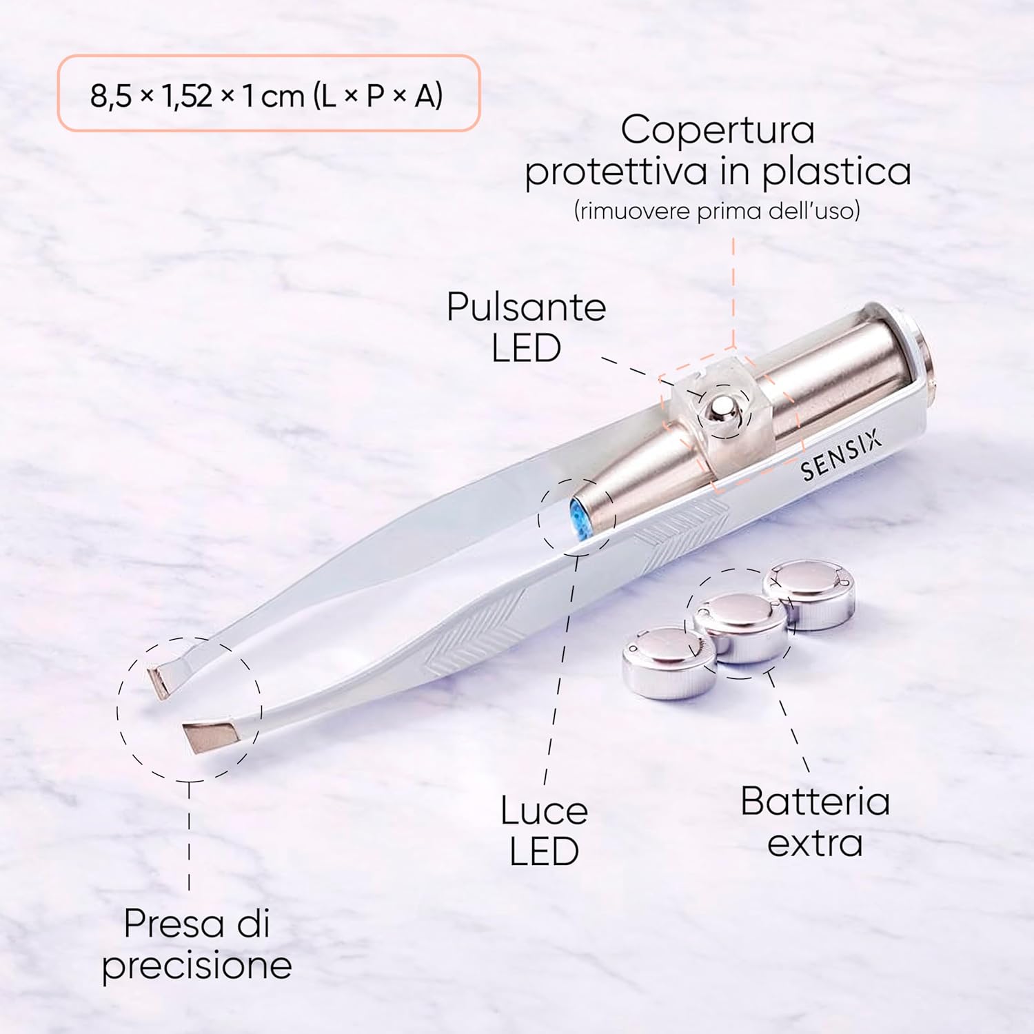 Thumbnail 1 de Sensica Pinzette Sopracciglia con Luce LED Professionali e punta obliqua in acciaio inox