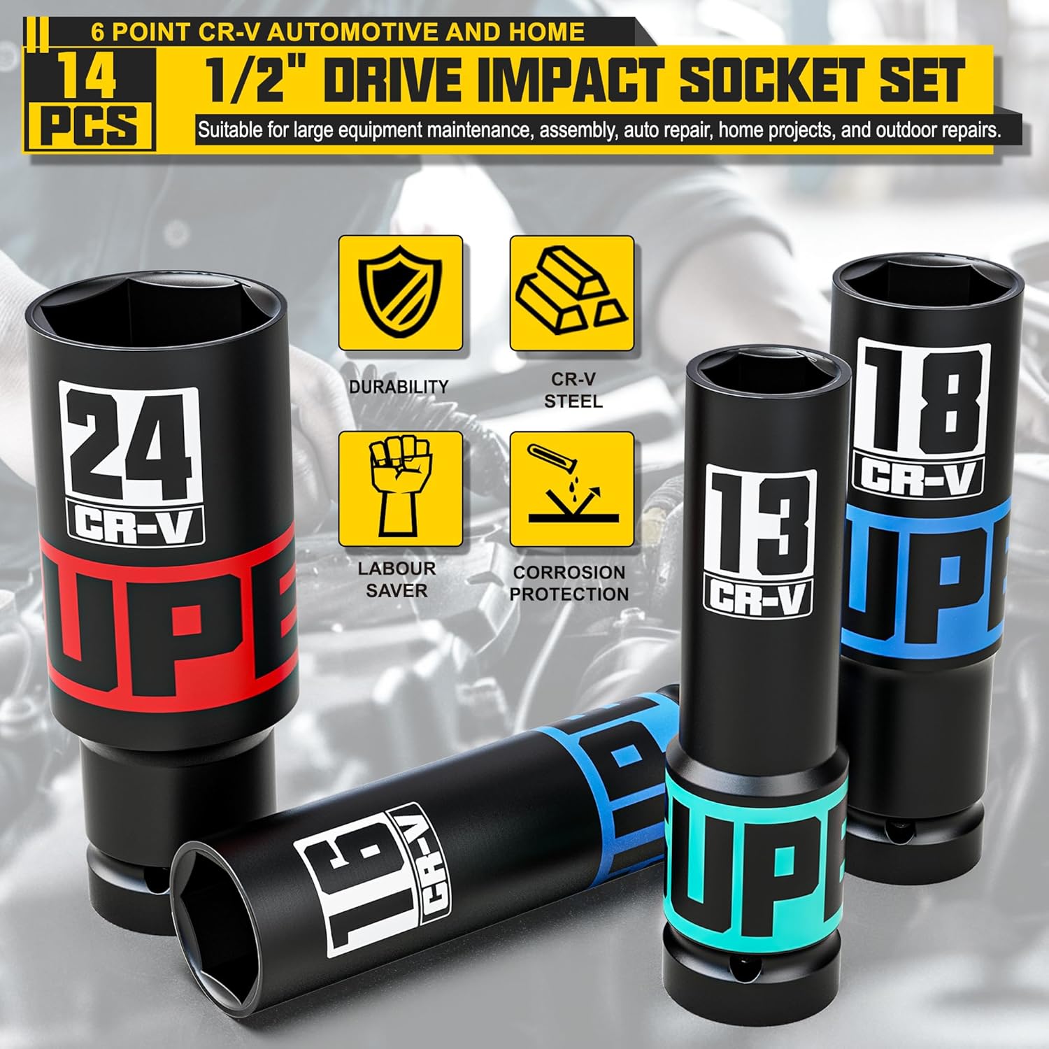 Thumbnail 3 de KIRXST 14-Piece 1/2" Drive Impact Socket Set with Deep Sockets (10–24mm) and Case