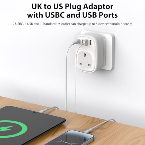 Detalle de Tusreda UK to US Plug Adaptor: 4-in-1 Travel Charger with USB-C & USB Ports