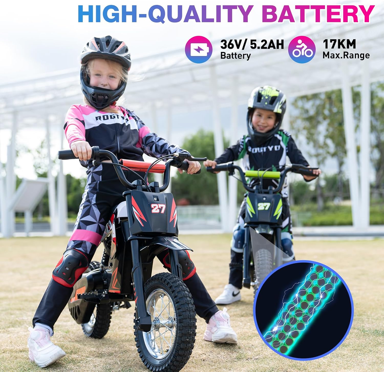 Detalle de RCB R9X Electric Motorcycle Kids (12 inch Pneumatic Tires) – 3 Speed Modes, 10.5 Mile Range, Blue