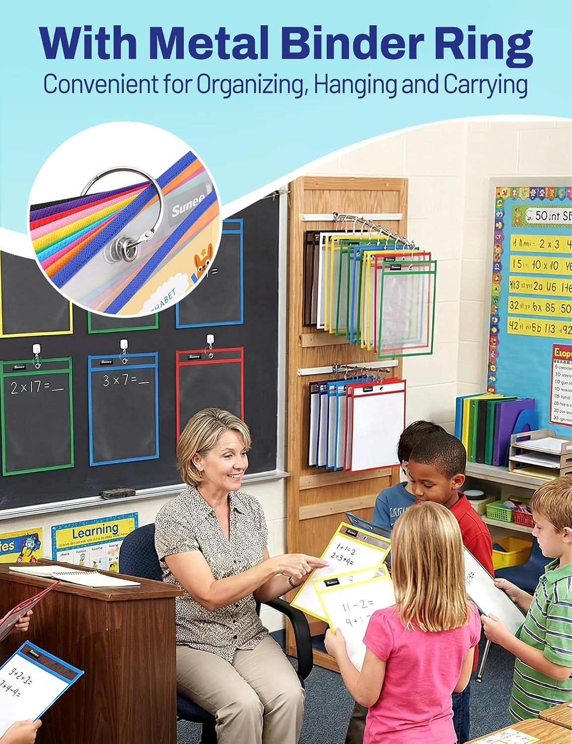 Detalle 2 de SUNEE 10 x 14 Dry Erase Pockets, 30-Pack with 10 Colors and Binder Rings