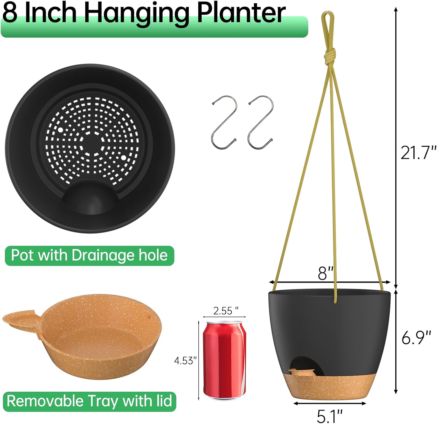 Detalle 2 de ZMTECH 8-Inch Hanging Planters, 2-Pack, Self-Watering with Drainage Holes, Black