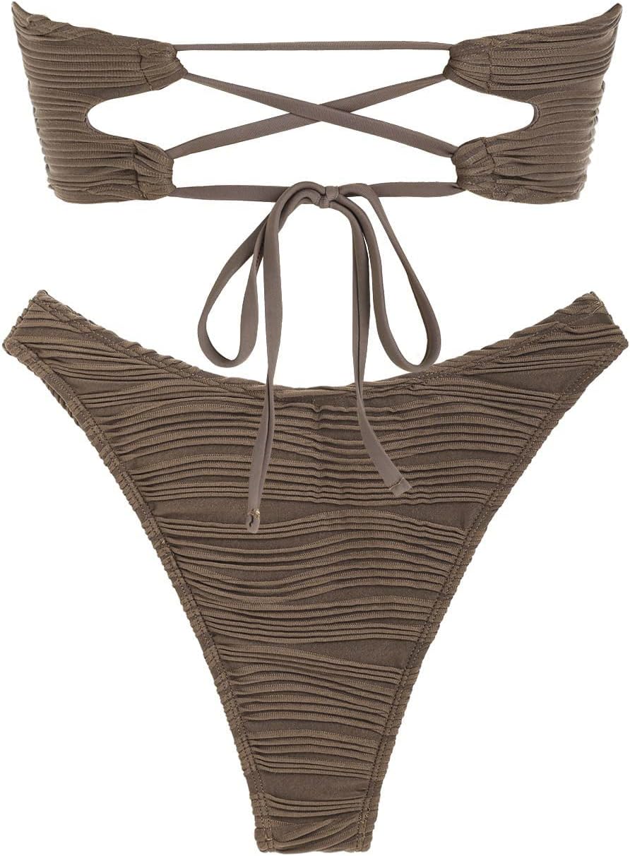 Detalle de ZAFUL Women Strapless Textured Bandeau Bikini 2 Piece Swimwear