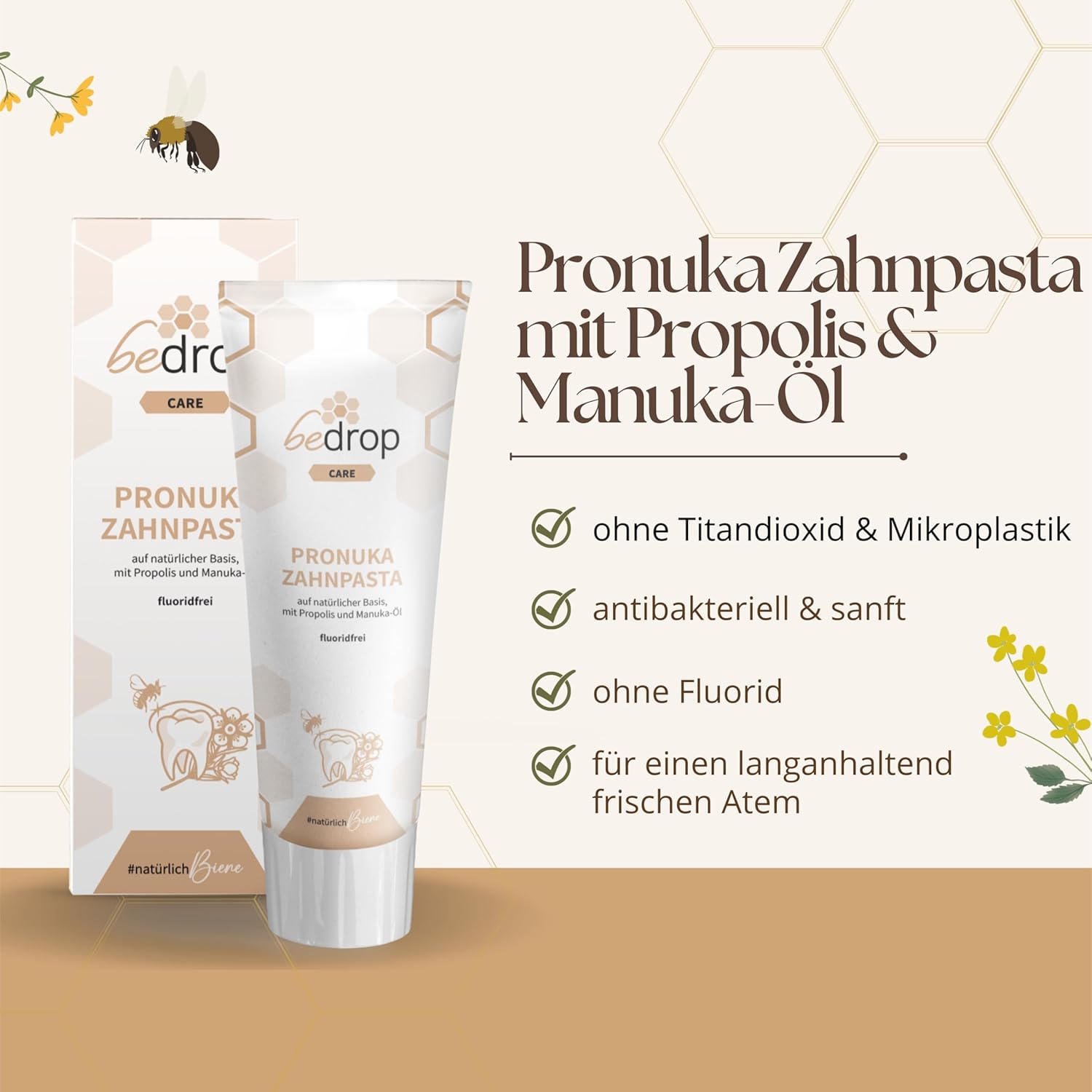 Detalle 2 de bedrop Pronuka fluoridfreie Zahnpasta mit Propolis & Manuka-Öl (Zitrone-Minze, 75 ml)