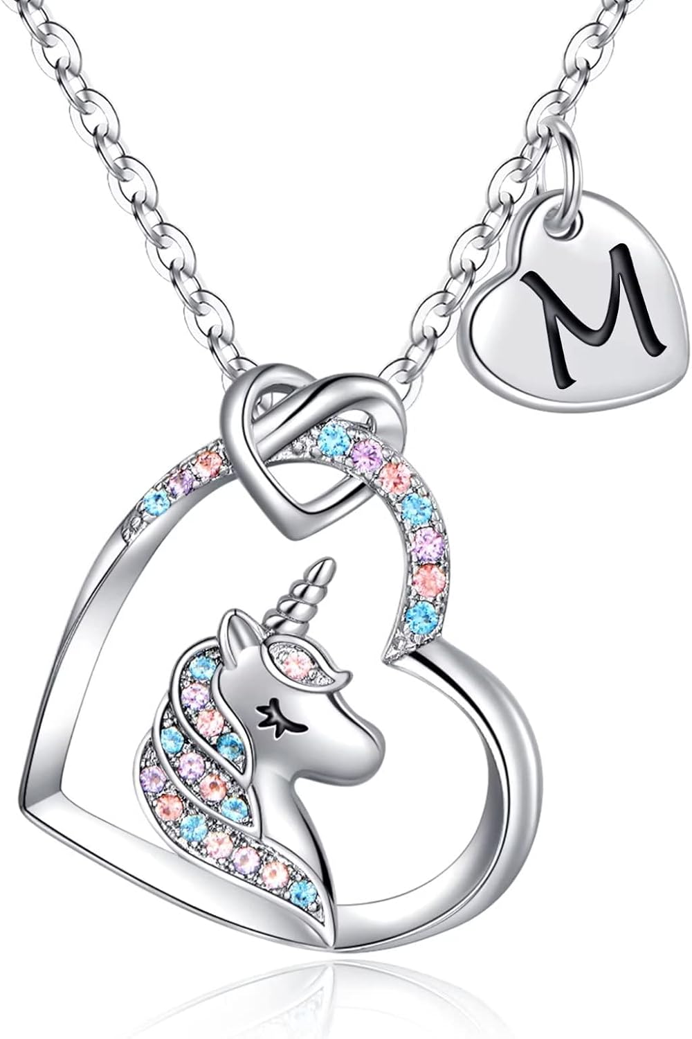 Detalle de TINGN Einhorn-Halskette für Kinder mit Herz-Anhänger, 14K Weißgold vergoldet & CZ, Buchstaben-Kette