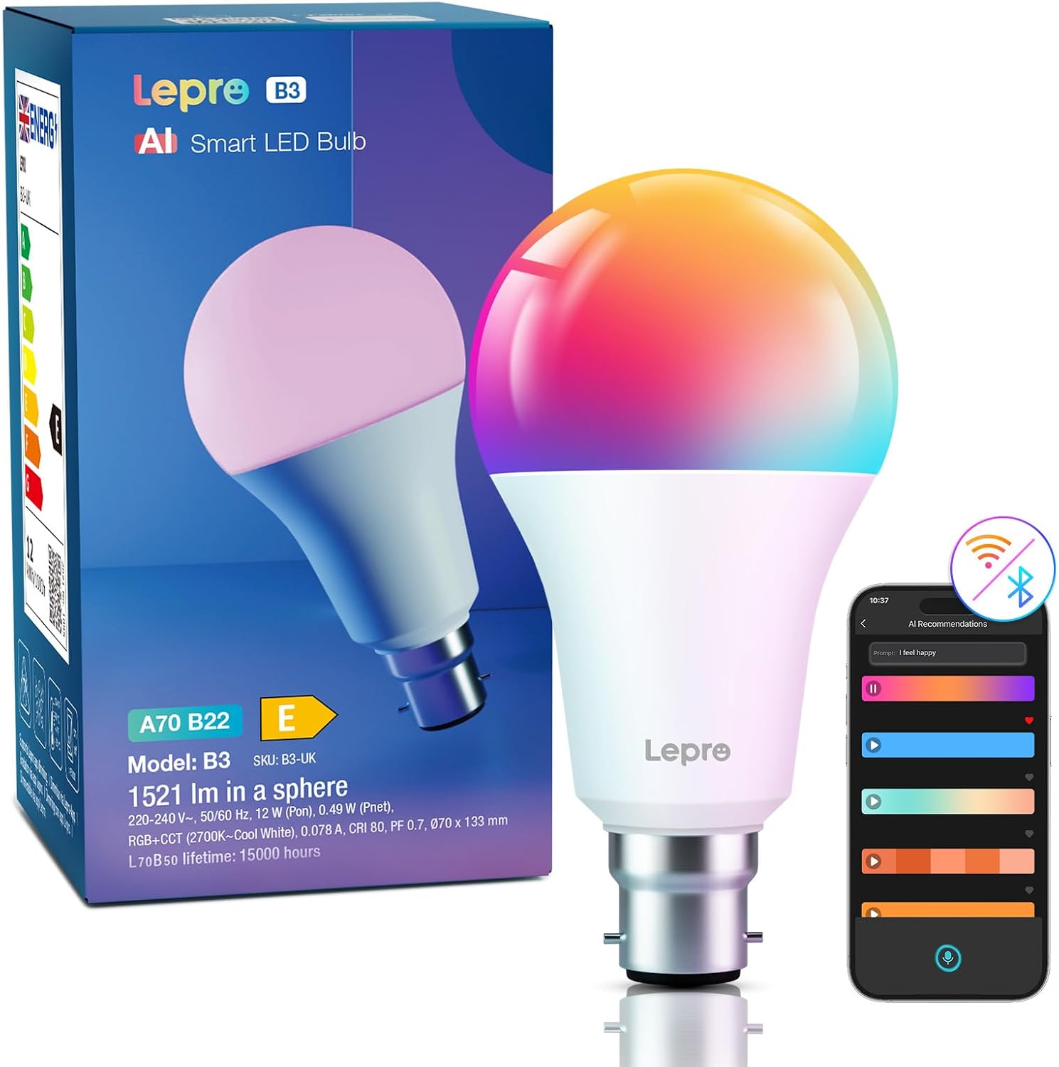 Detalle de Lepro B22 AI Smart Bulb (B22) 12W, 1521LM, 16 million colours — schedule, timer & voice control