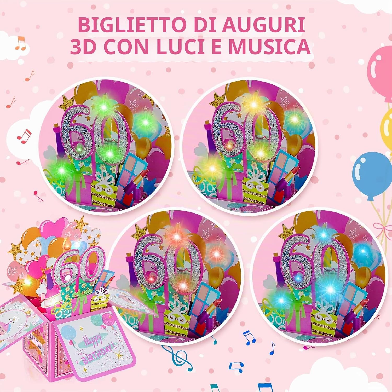 Detalle de Joyoldelf Biglietto Auguri Compleanno 60 Anni per Donna — Biglietto 3D Musicale e con Luce, Pop Up Raffinato e Divertente