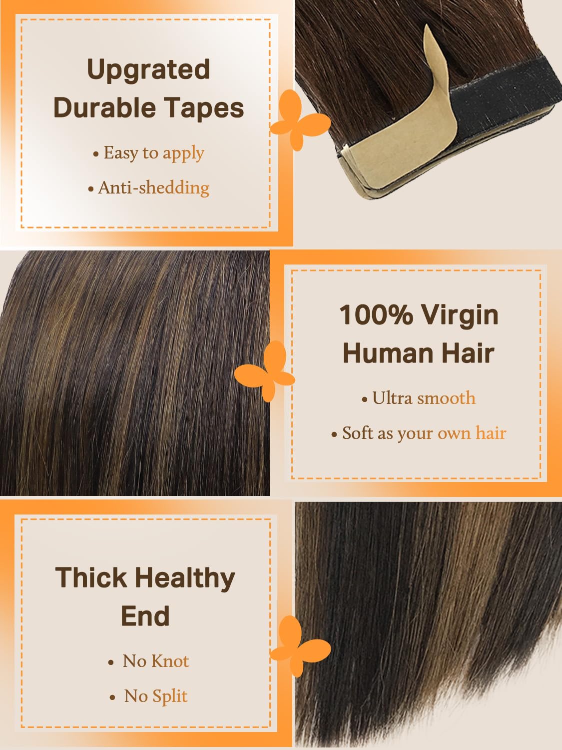 Detalle de DOORES Tape-In Human Hair Extensions (Remy) — Balayage Dark Brown to Chestnut Brown, Straight, 18 inch, 50g/20 pcs