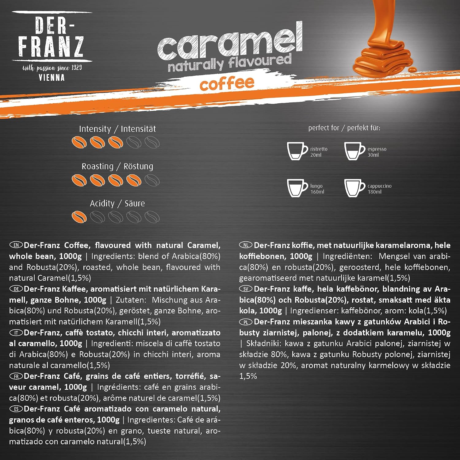 Detalle de Der-Franz Kaffee aromatisiert mit Karamell – 1000 g Ganze Bohnen, Arabica/Robusta
