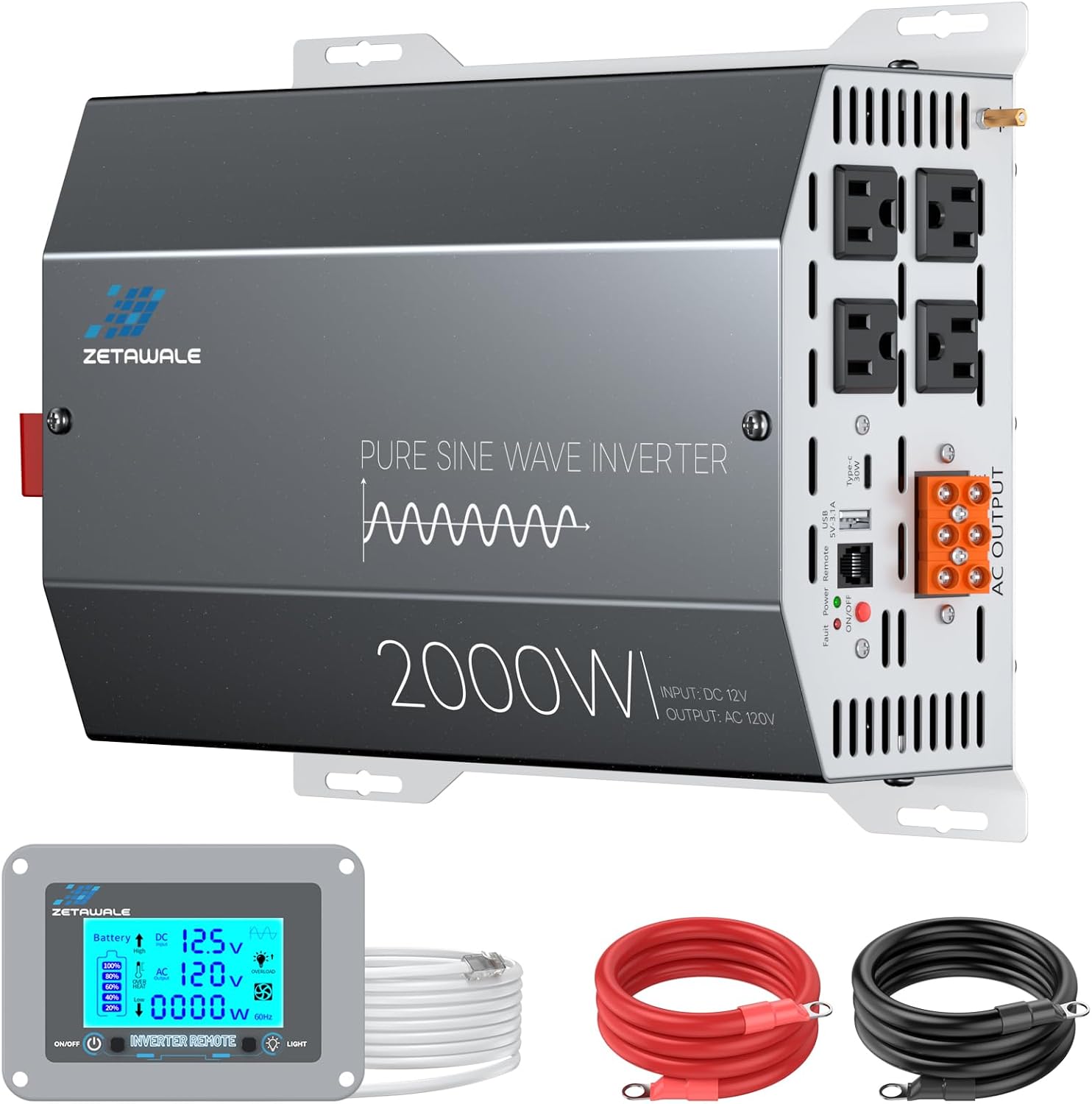 Detalle de ZETAWALE 2000W Pure Sine Wave Inverter (12V DC to 110/120V AC) with LCD Remote, USB & Type-C, 4 AC Outlets