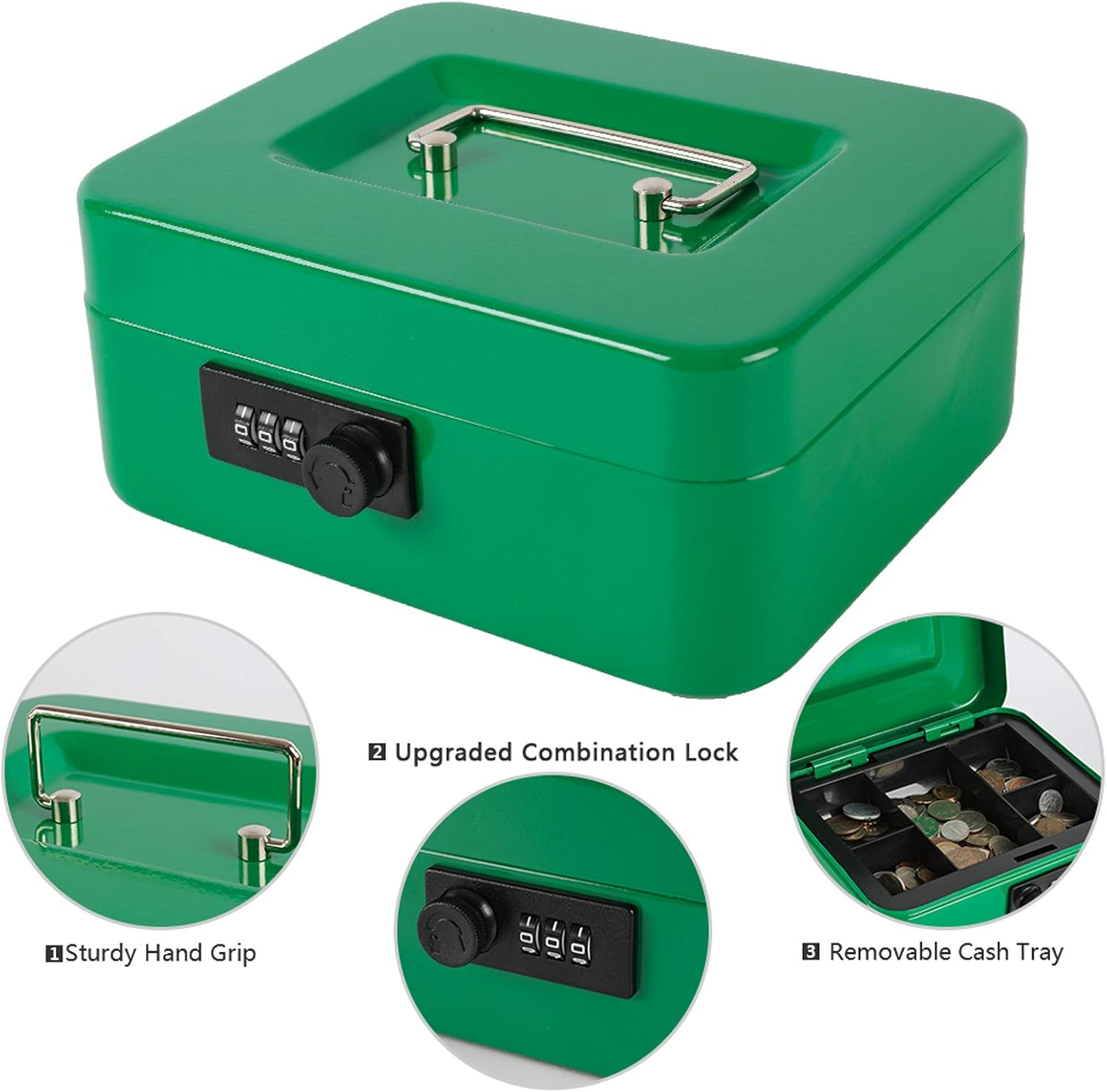 Thumbnail 5 de xydled XYD-QX-CL-M-8016 Medium Steel Cash Box, Green, Combination Lock