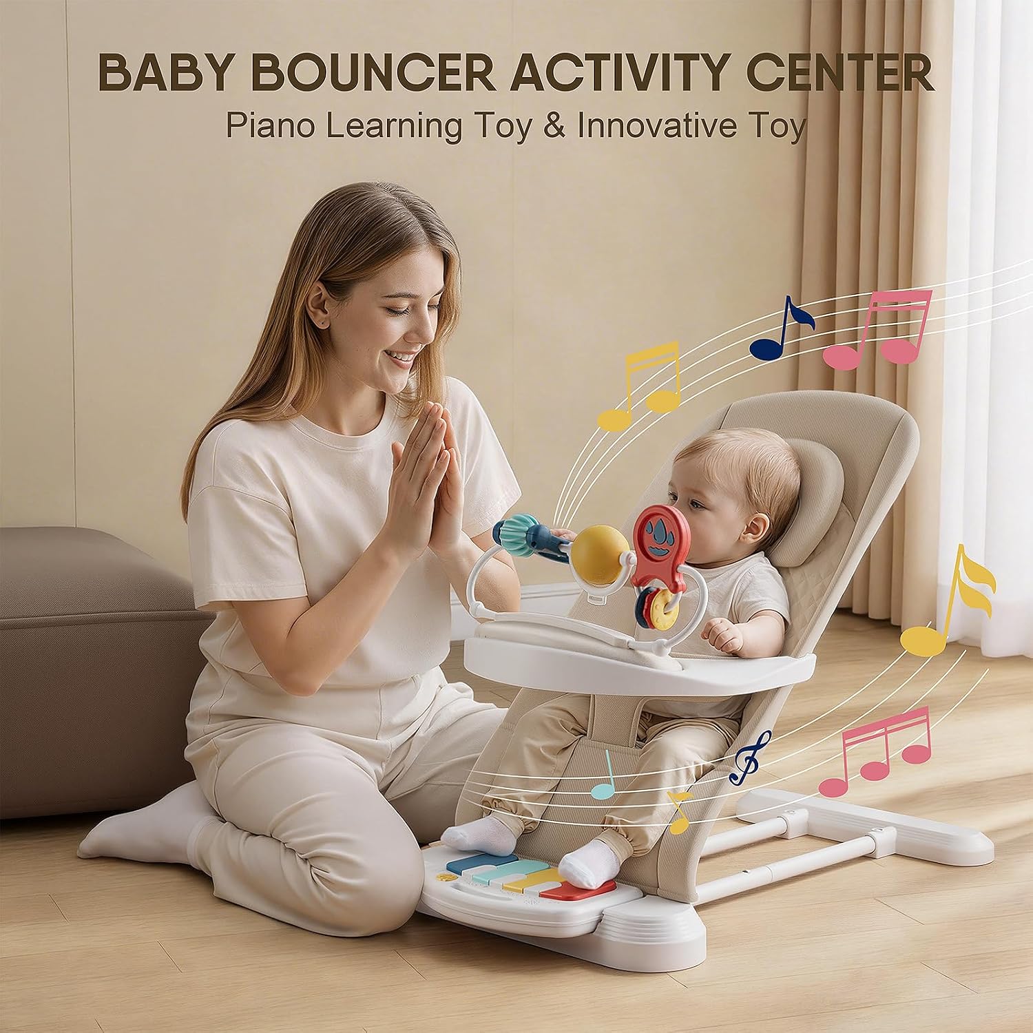 Detalle de Monamii Baby Bouncer with 3 Adjustable Positions, Feeding Tray and Piano