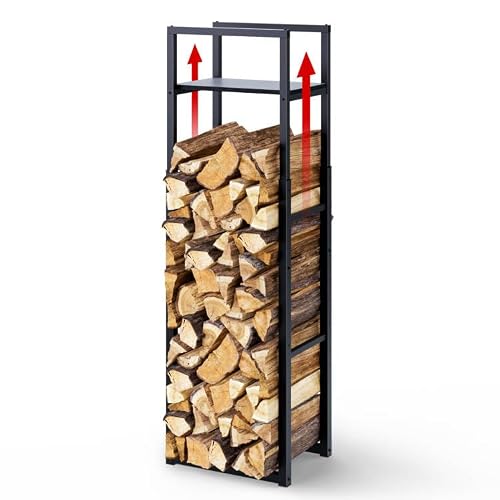 Detalle de vounot Range Bûches Vertical en Métal Réglable sur 3 Niveaux avec Étagère Intégrée – 45 x 32 cm, Noir