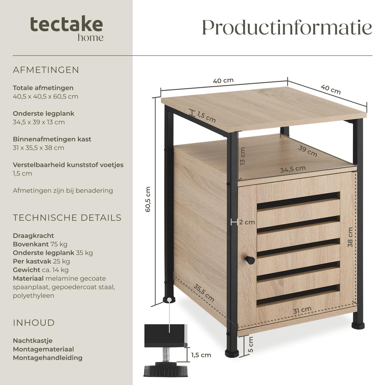 Detalle de tectake 404222 bijzetkast als nachtkastje, zwart stalen frame en Sonoma-eikenlook