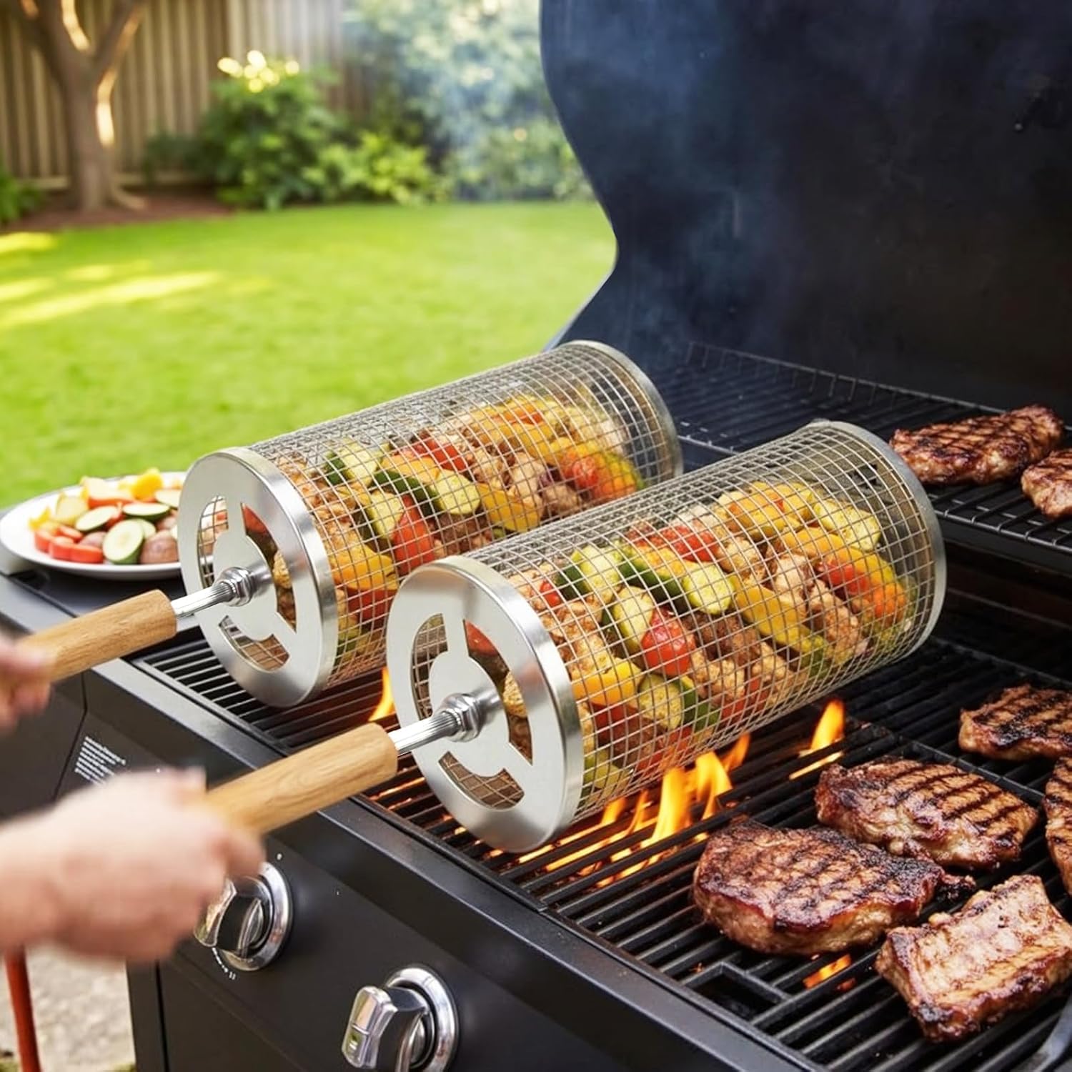 Detalle de Autreykorn Grillkorb 2er Set – Abnehmbarer Holzgriff, Edelstahl 304, inkl. 2 Gabeln