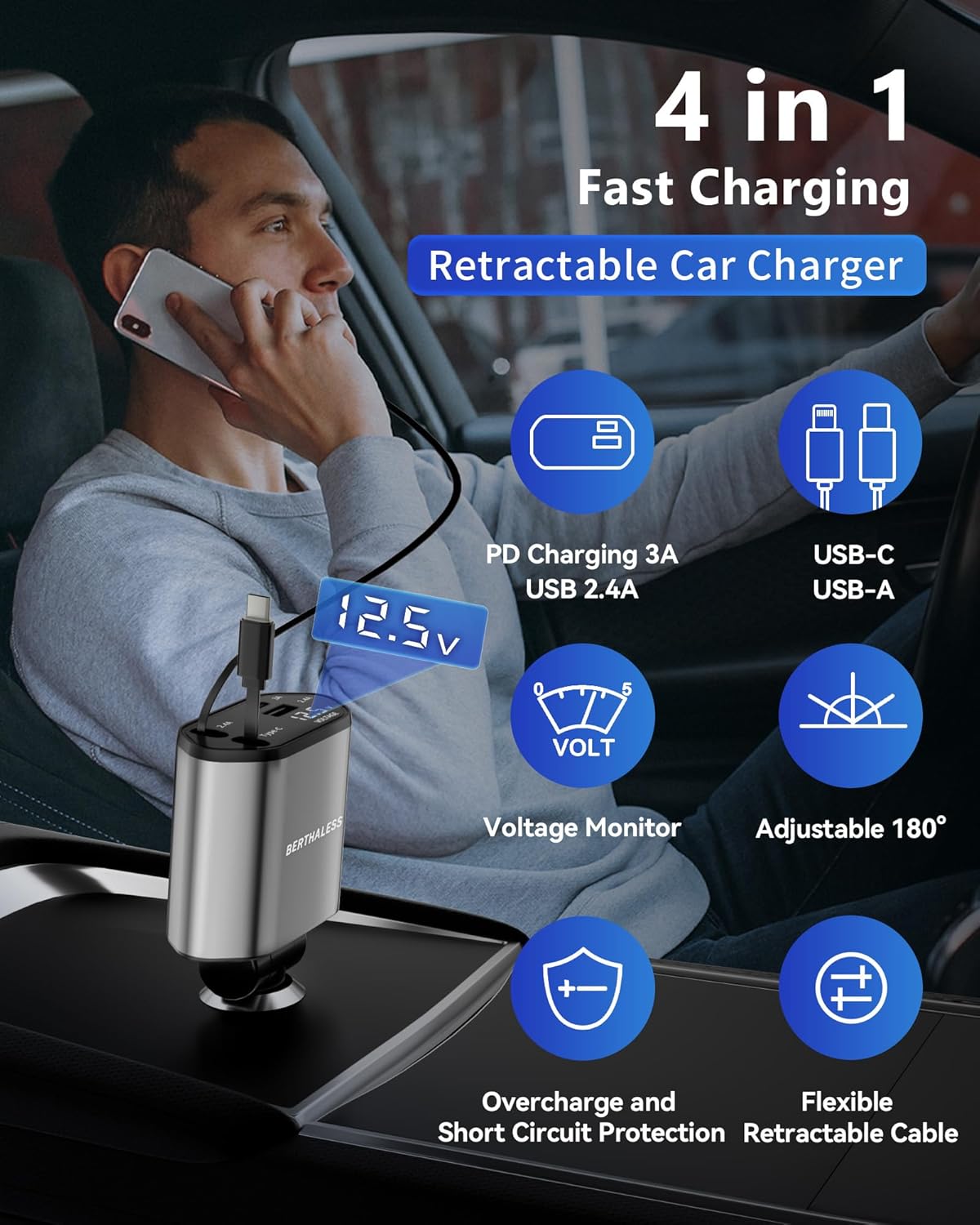 Detalle de BERTHALESS Retractable Car Charger 4-in-1