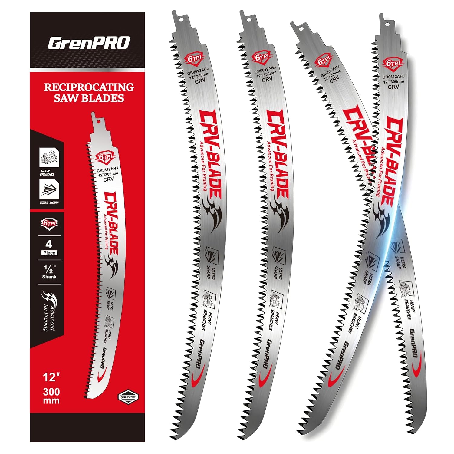 Detalle de GRENPRO 073012 12-Inch Reciprocating Saw Blades, 6 TPI Arc Edge, 4-Pack