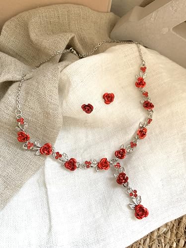 Detalle de ONDEGO Schmuckset Rot Blumen Silber – Collier, Ohrringe und Strass für Hochzeit und Fest