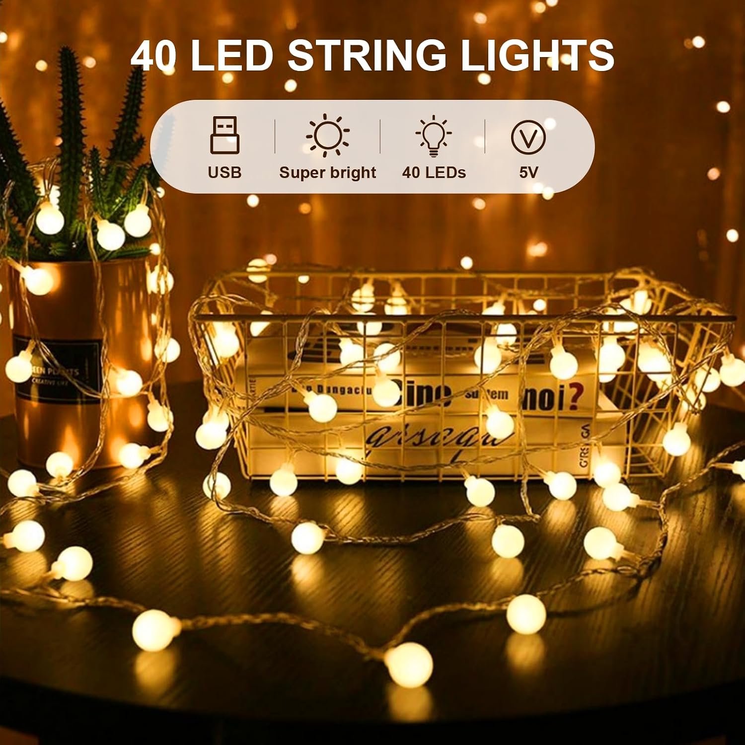 Detalle de Bigzom TZWC-5-S-I-A-T-40 USB-lichtsnoer met 40 warmwitte led-bollen