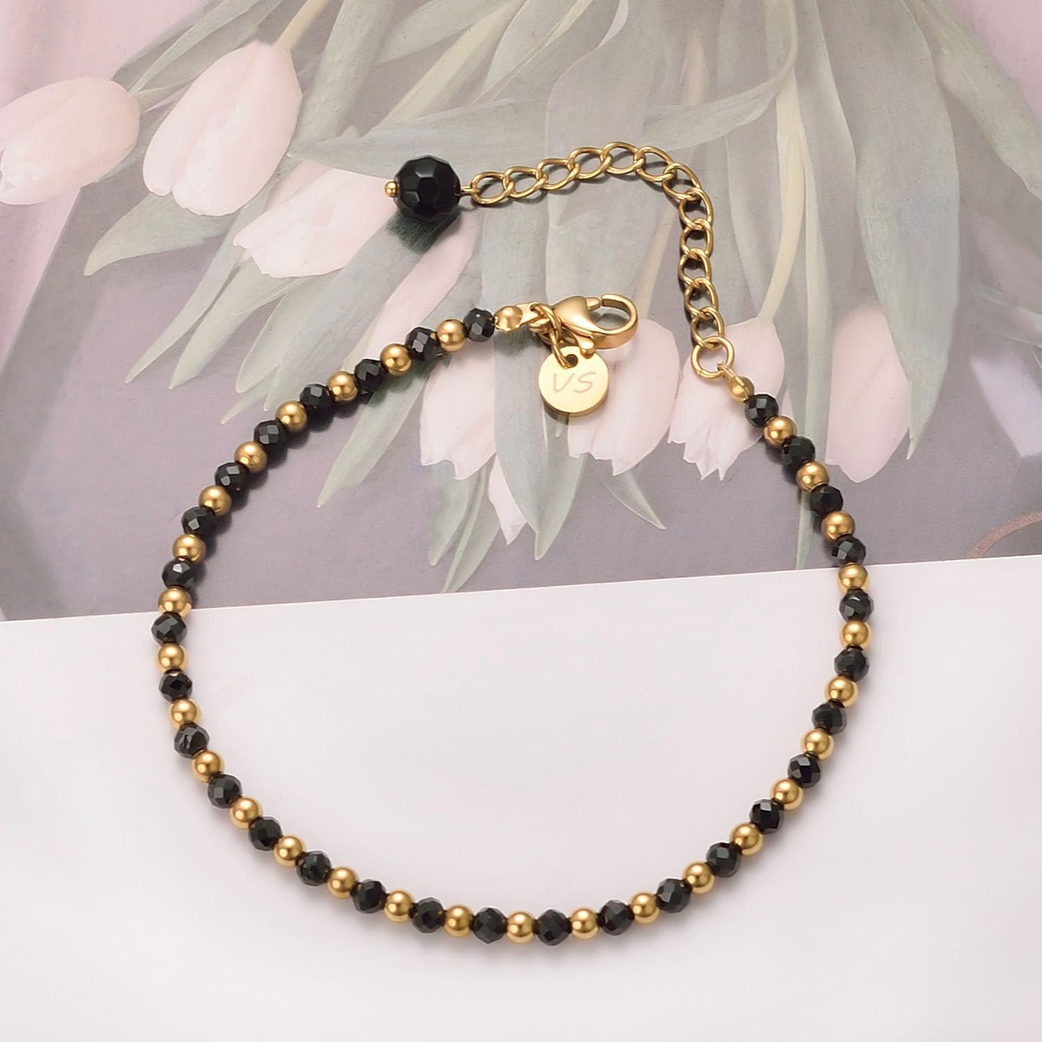 Detalle de vissen Naturstein-Armband Damen aus Edelstahl, goldfarben, verstellbar