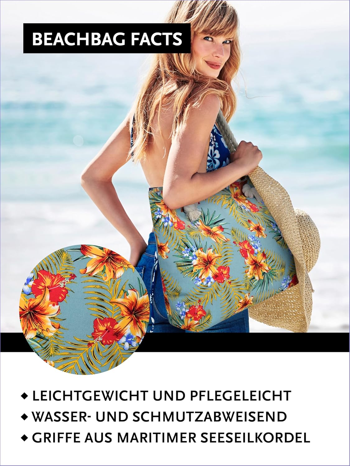 Thumbnail 3 de DonDon Strandtasche XXL mit Reißverschluss – Robuste Umhängetasche im Beach Look, inklusive Mini-Tasche