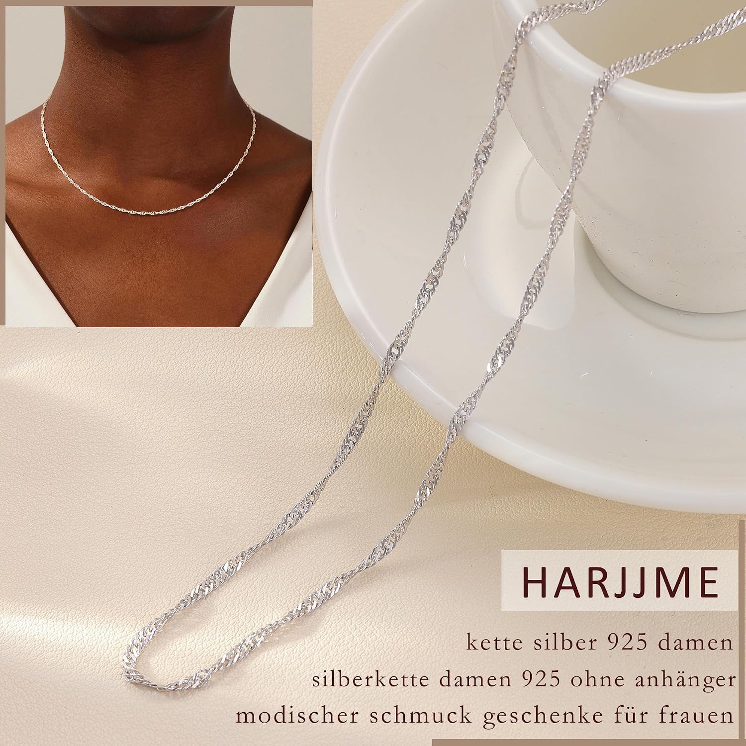 Detalle de HARJJME Silberkette Damen 925 – dünne Kette ohne Anhänger, 35–55 cm