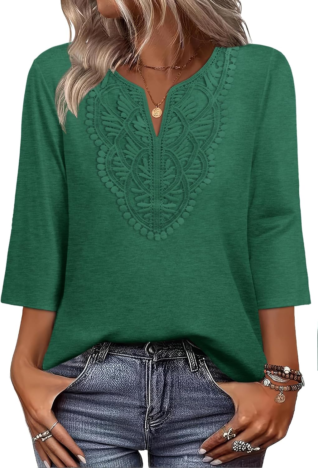 Detalle 2 de WIHOLL 3/4-Sleeve Boho Blouse with V-Neck Lace Front, S-3XL