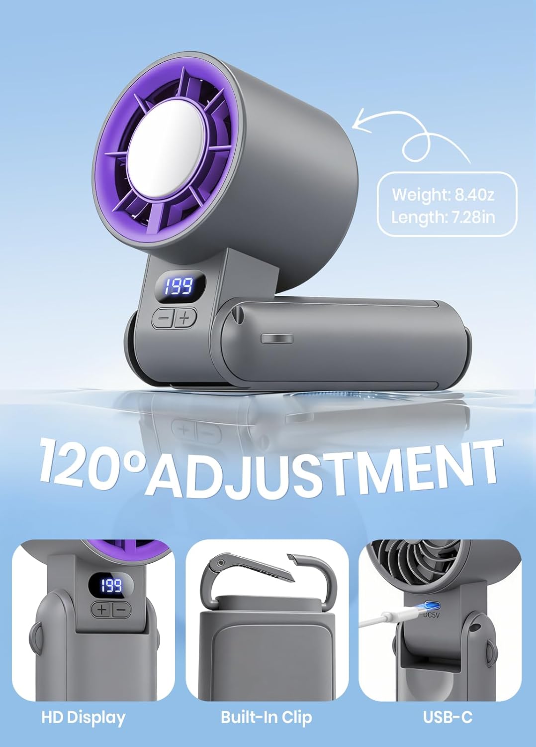 Thumbnail 2 de Deyhoc Handheld Fan Rechargeable with LED Display & Clip – 3-in-1 Portable Cooling (GrayPurple)
