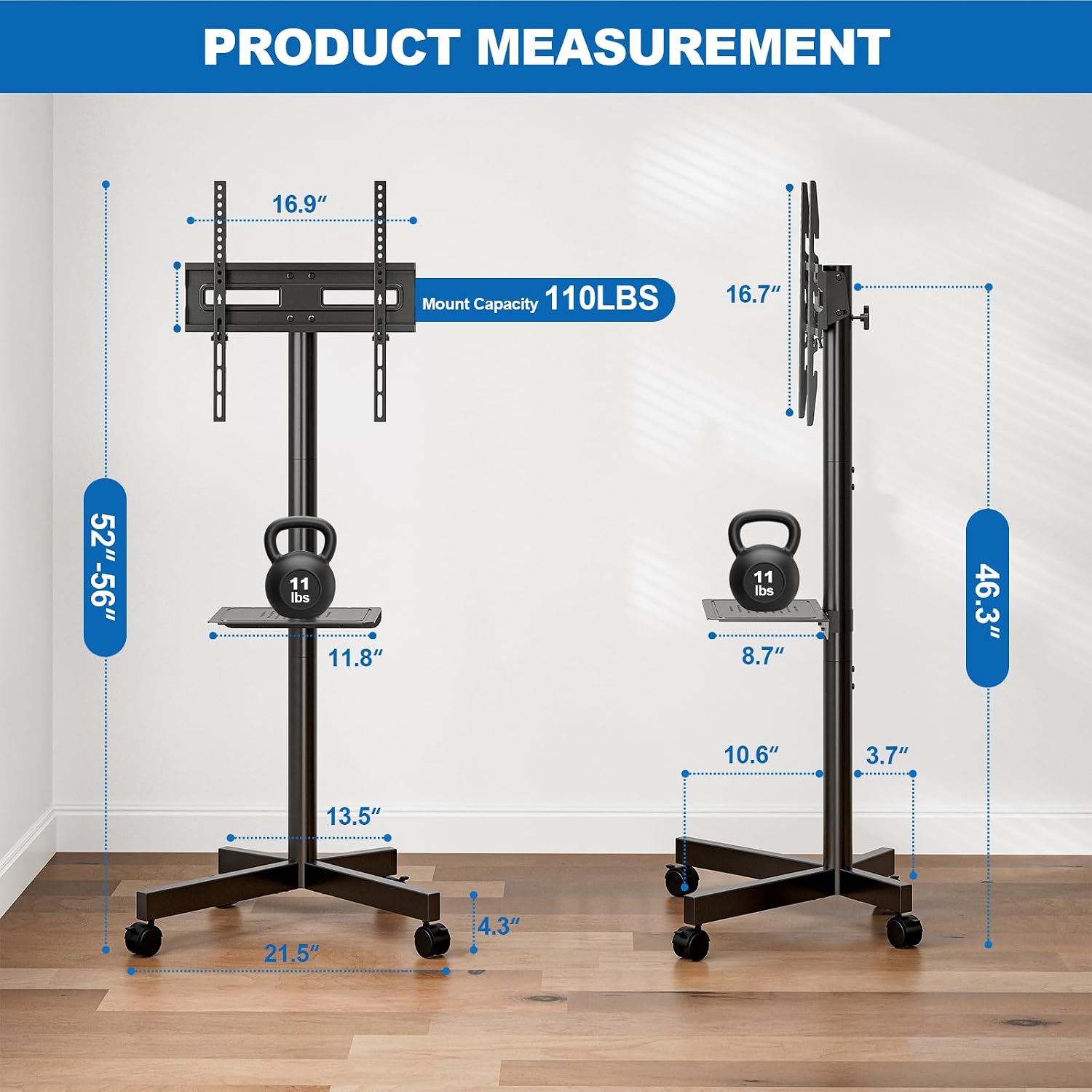 Detalle 2 de HOLMAXD Mobile TV Stand Rolling Cart for 23–65-Inch TVs, 110 lb Capacity
