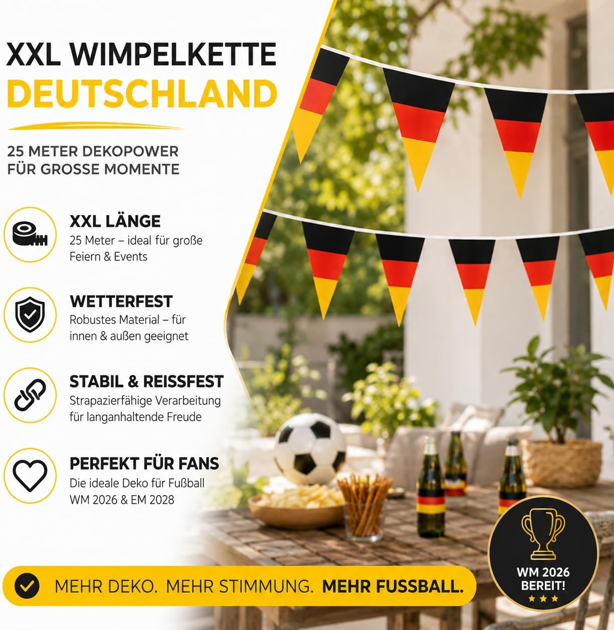 Detalle 2 de TK Gruppe Timo Klingler XXL Wimpelkette 5 Meter Deutschland – Fan-Deko, schwarz-rot-gold, für WM 2026