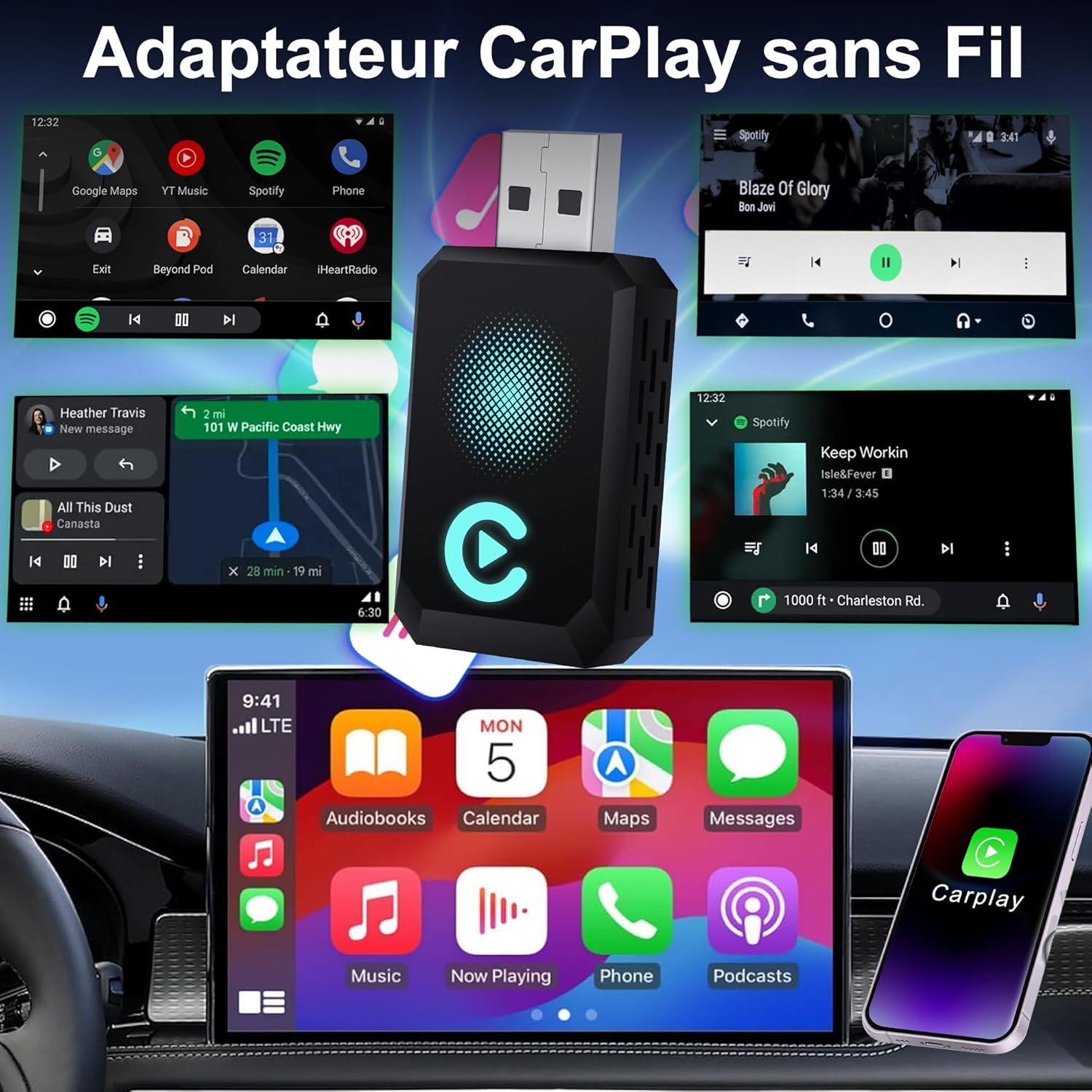 Thumbnail 1 de Adattatore CarPlay Wireless Plug & Play Type-C/USB compatibile con Apple CarPlay (nero)