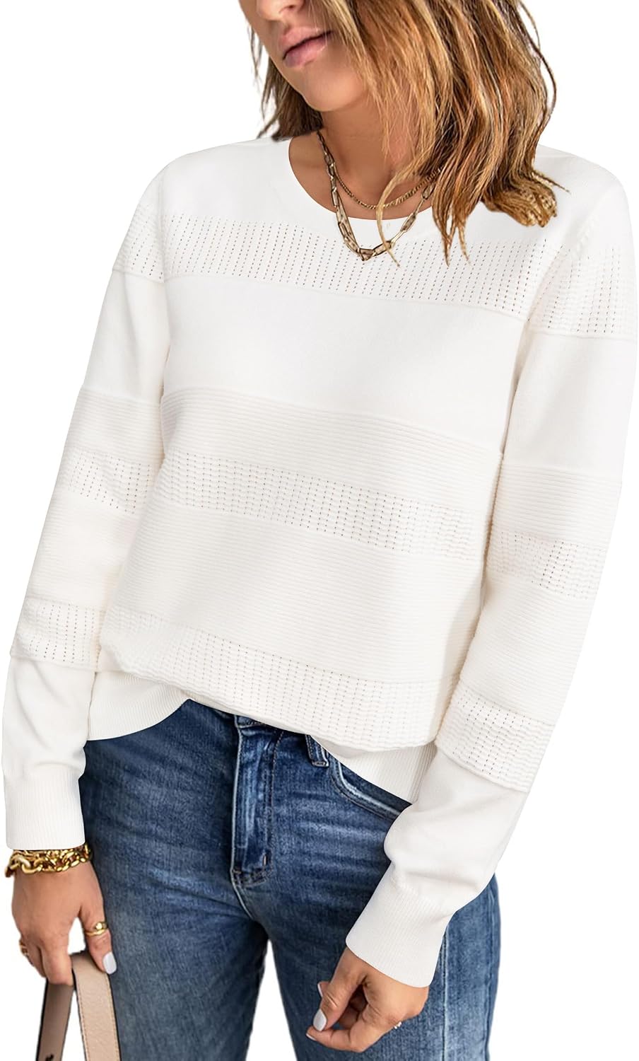 Detalle de Arach&Cloz Crochet Knit Pullover Sweater, Crew Neck, Long Sleeves