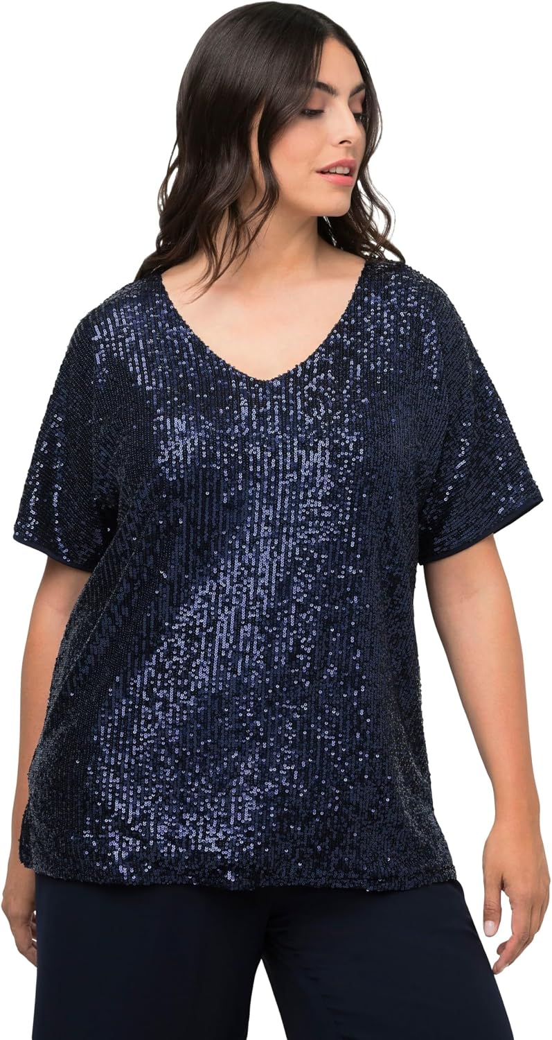 Detalle de Ulla Popken Pailletten-Shirt Oversized à V-Conclusion et Manches Rabattues pour Femme