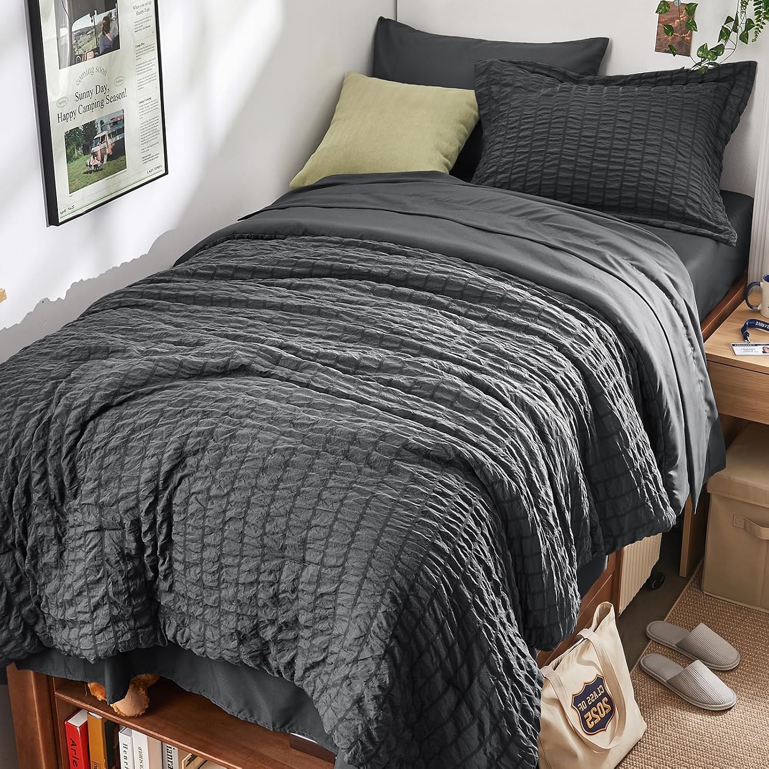 Detalle de HYMOKEGE Twin XL Seersucker Comforter Set, 5-Piece Bedding in Dark Grey