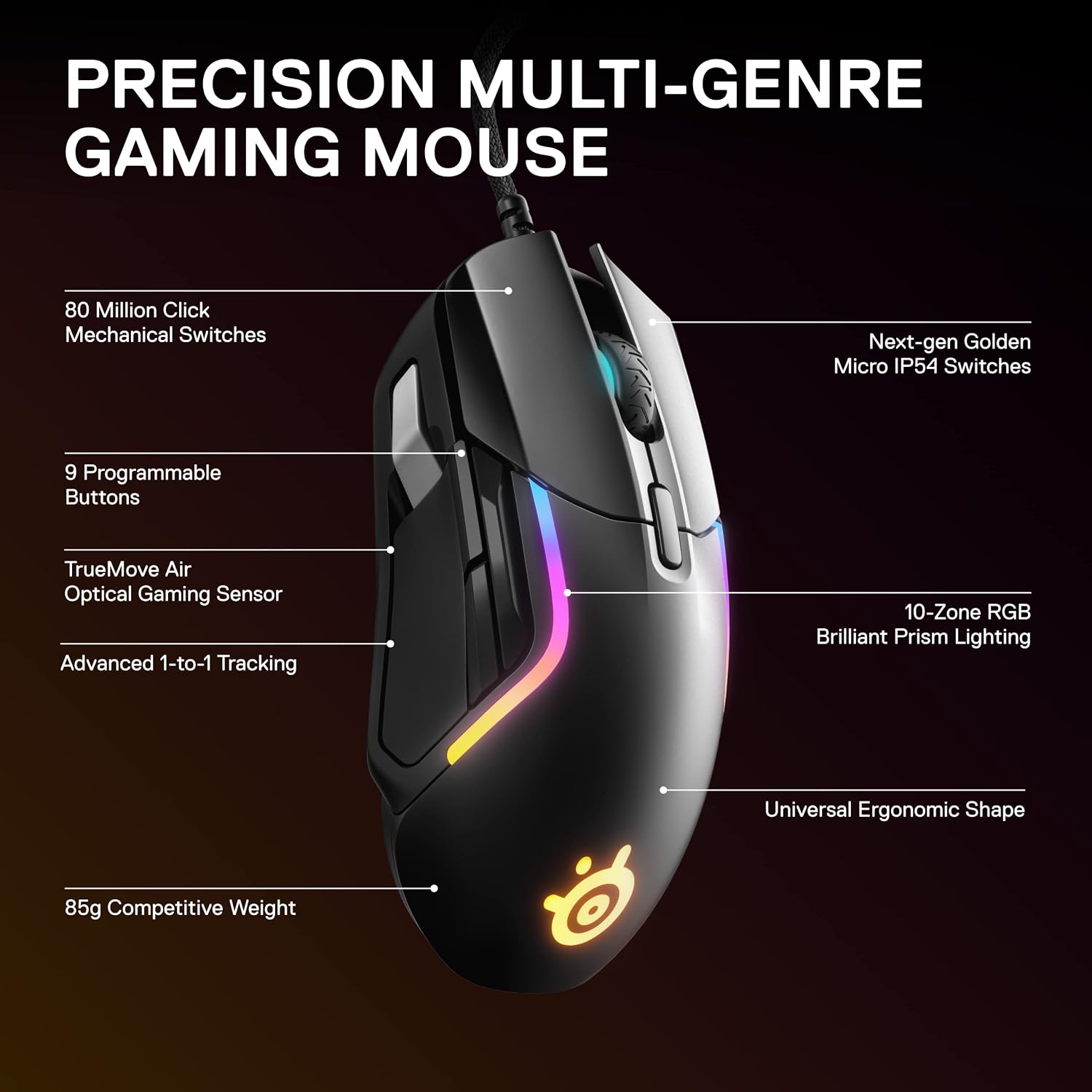 Detalle de SteelSeries Rival 5 Gaming Mouse with PrismSync RGB and 9 Programmable Buttons (18,000 CPI) – Black