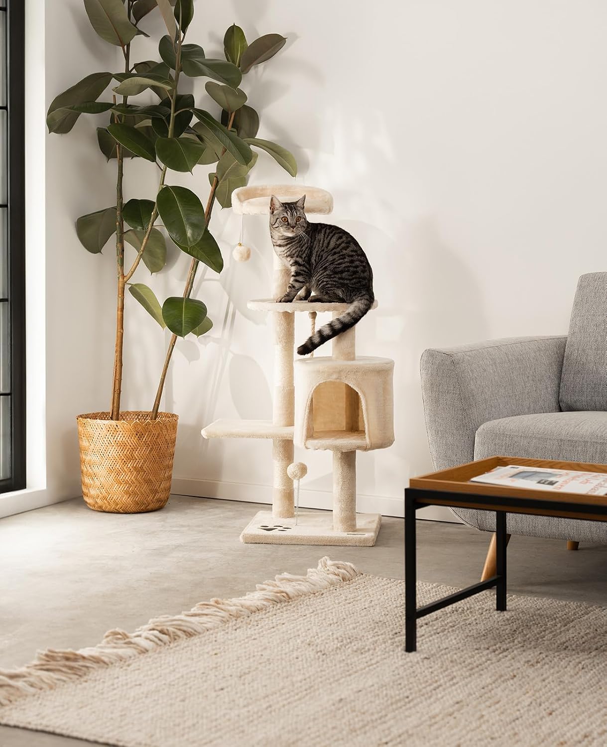 Detalle de lionto Arbre à Chat 112 cm avec 2 balles en peluche et corde de jeu – beige