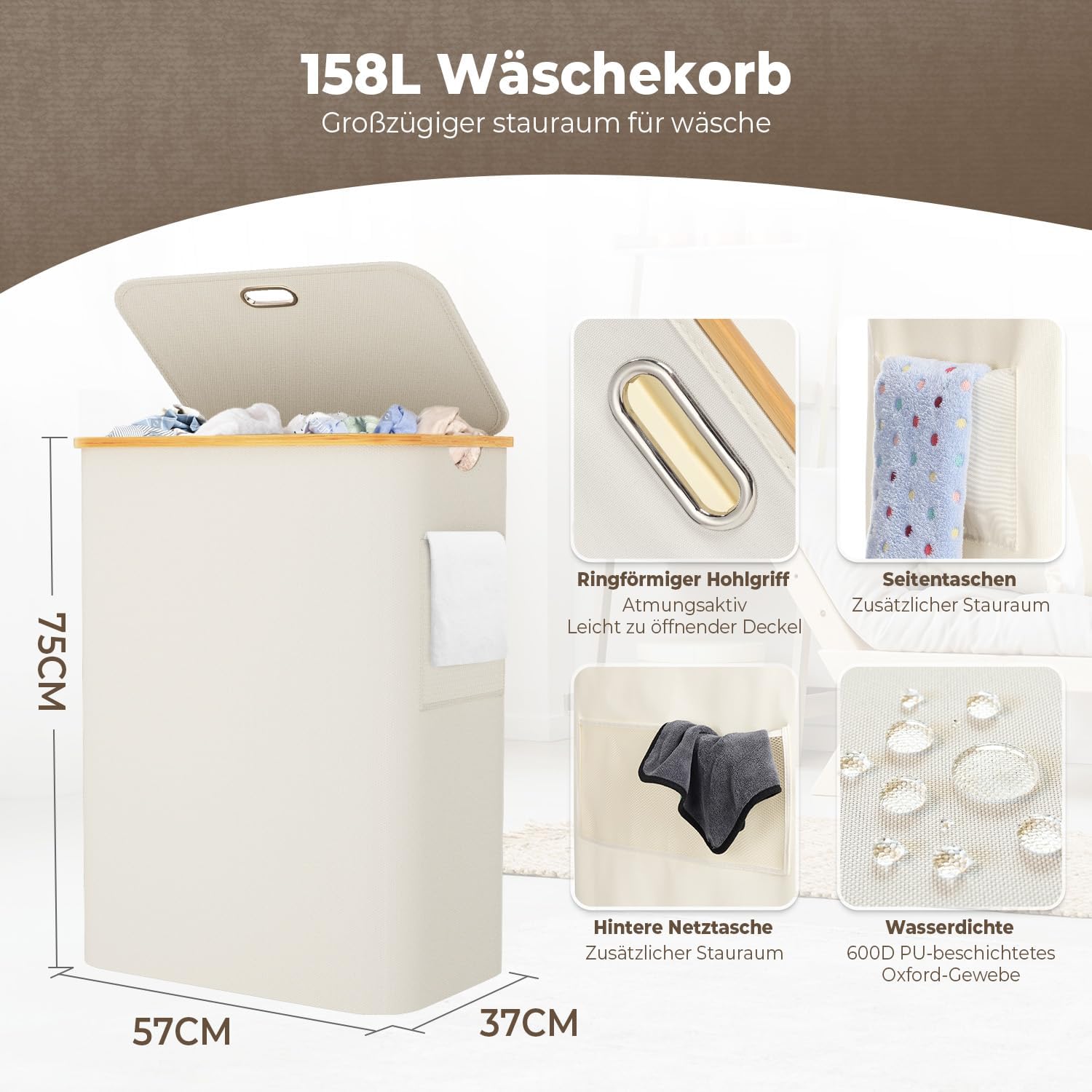 Detalle de OUSFOT WK158L-BWa – kosz na pranie 158 l, 3 komory, pokrywa