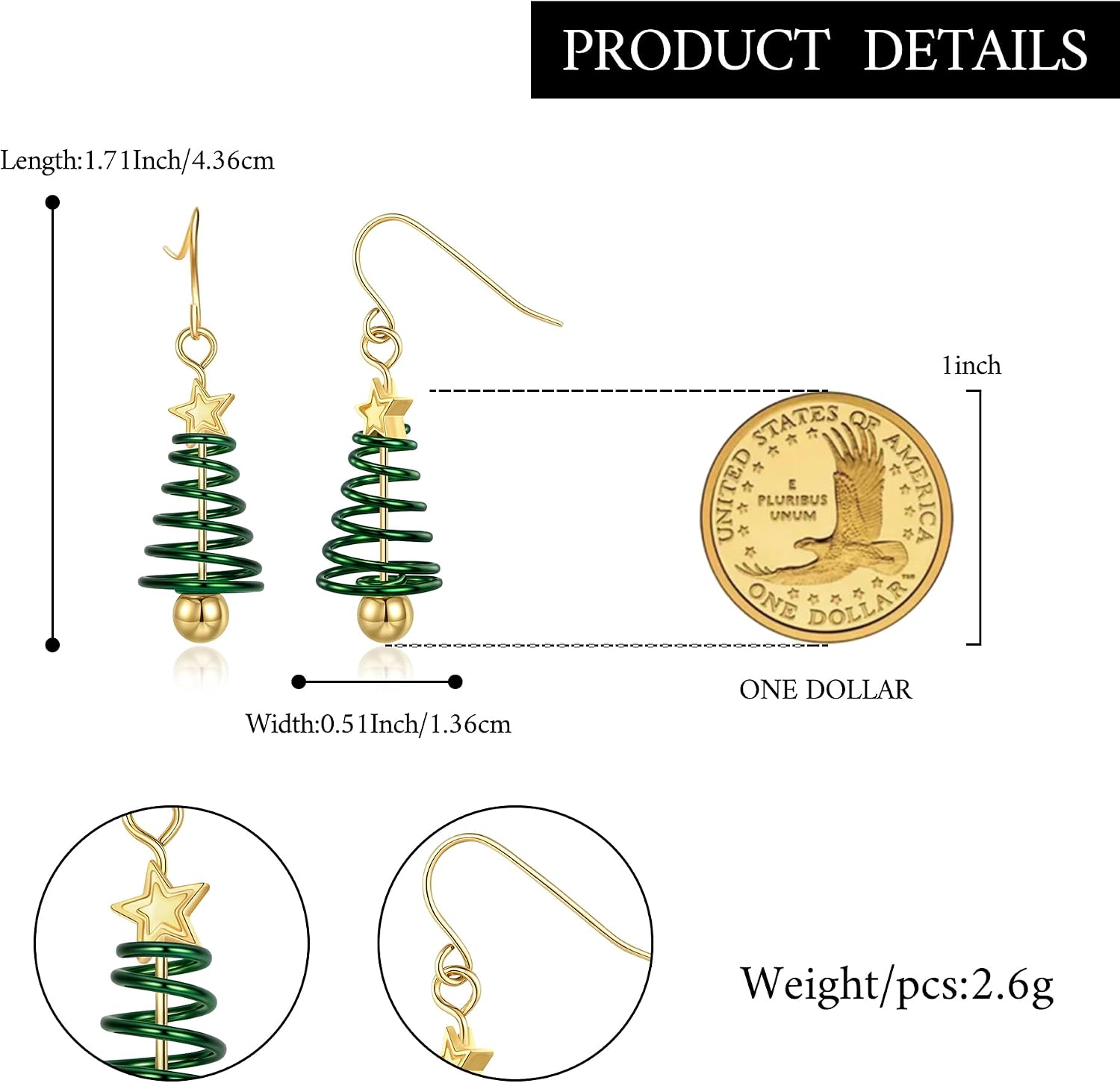 Detalle 2 de Clearine Orecchini Albero di Natale per donna – orecchini pendenti a chiusura a gancio, smalto verde