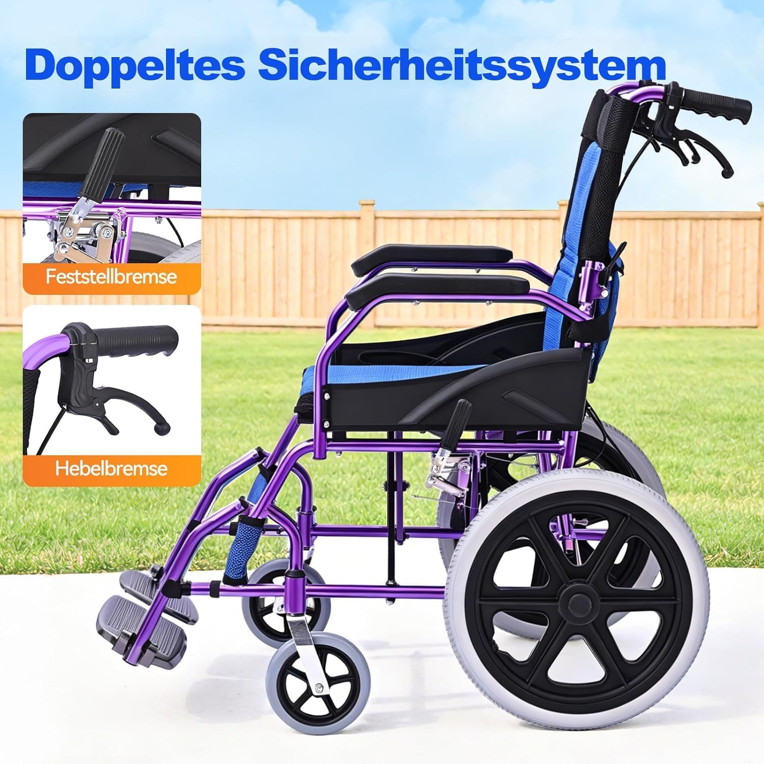 Detalle 2 de ByteTecpeak M3 Ultraleicht Rollstuhl – faltbar, 10 kg, Sitzbreite 45 cm, blau