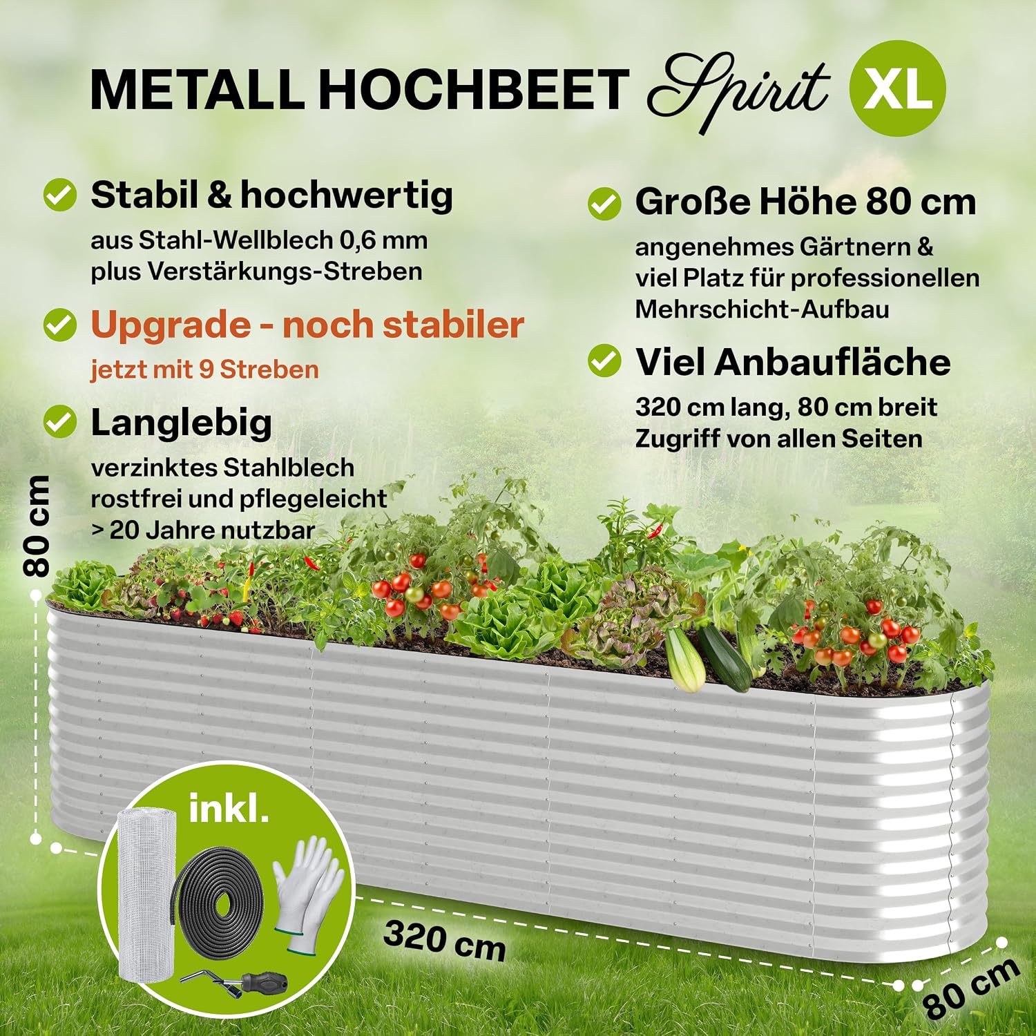 Thumbnail 1 de TTL GARDEN Spirit XL Metall-Hochbeet 320×80×80 cm (oval, silber) – verzinkt & wetterfest