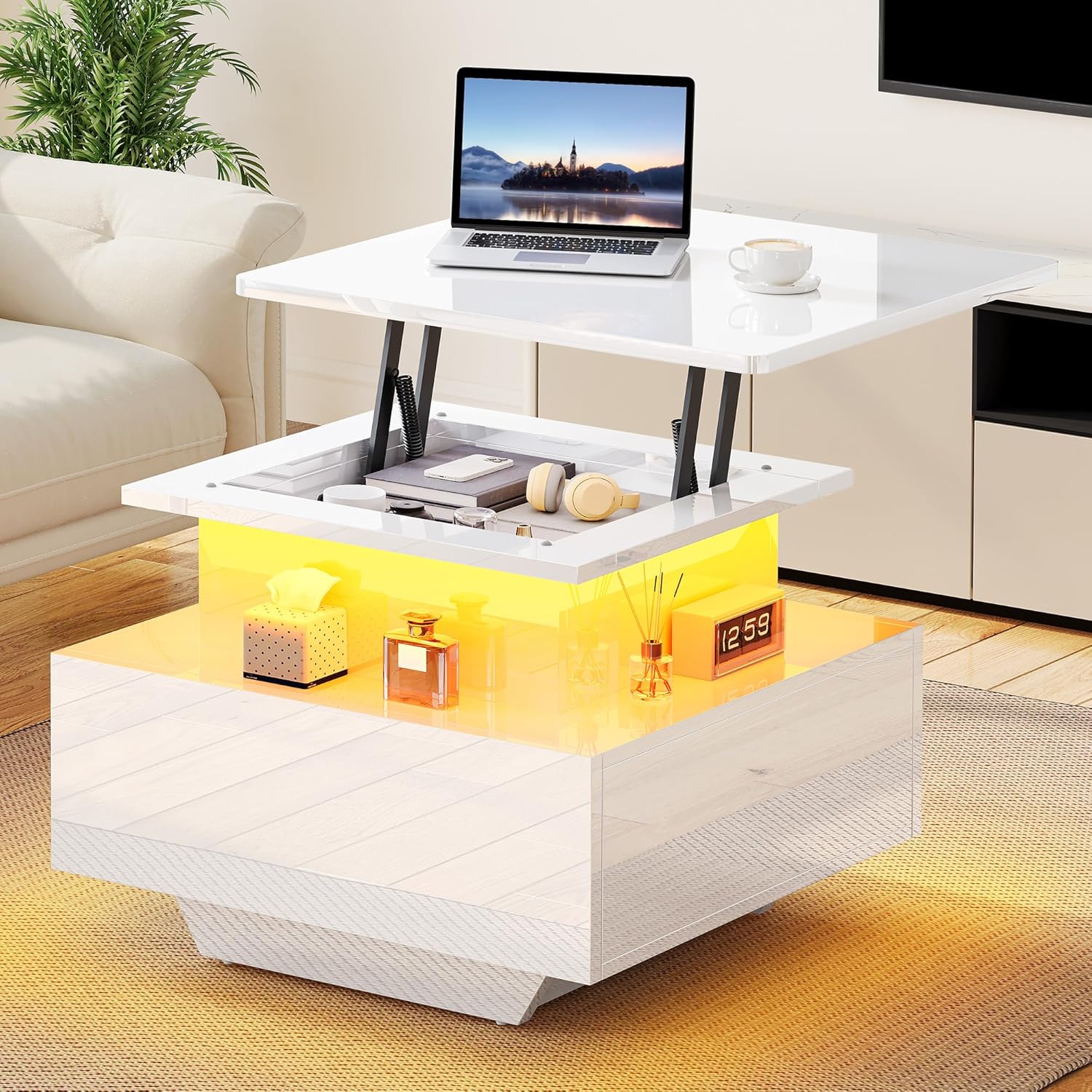Thumbnail 5 de YITAHOME Lift-Top Coffee Table with LED Light Strip and 2 Drawers – 60x60x45 cm, High-Gloss Modern Wood