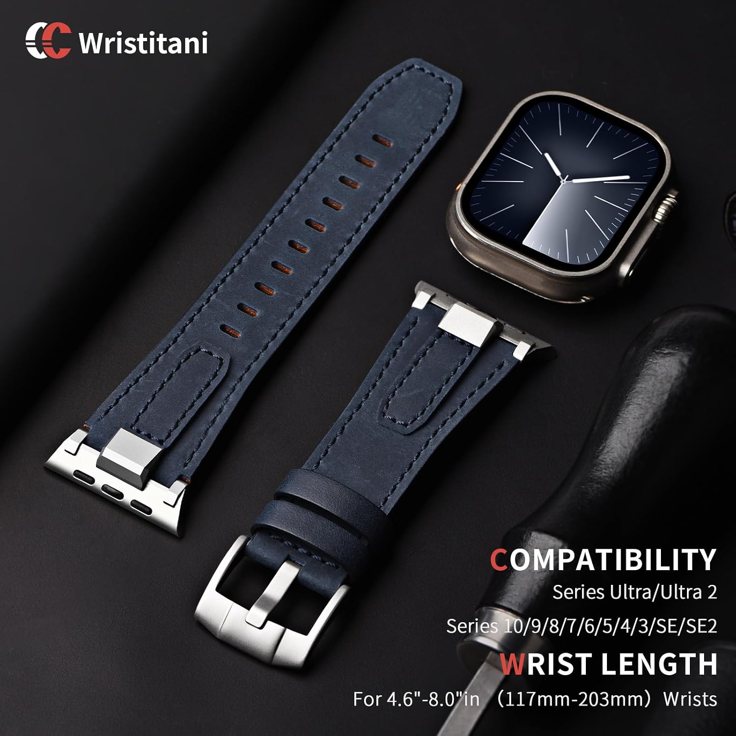 Detalle de Bracelet en cuir Wristitani pour Apple Watch 42–49 mm — compatible Ultra/Series, cuir véritable et patine naturelle